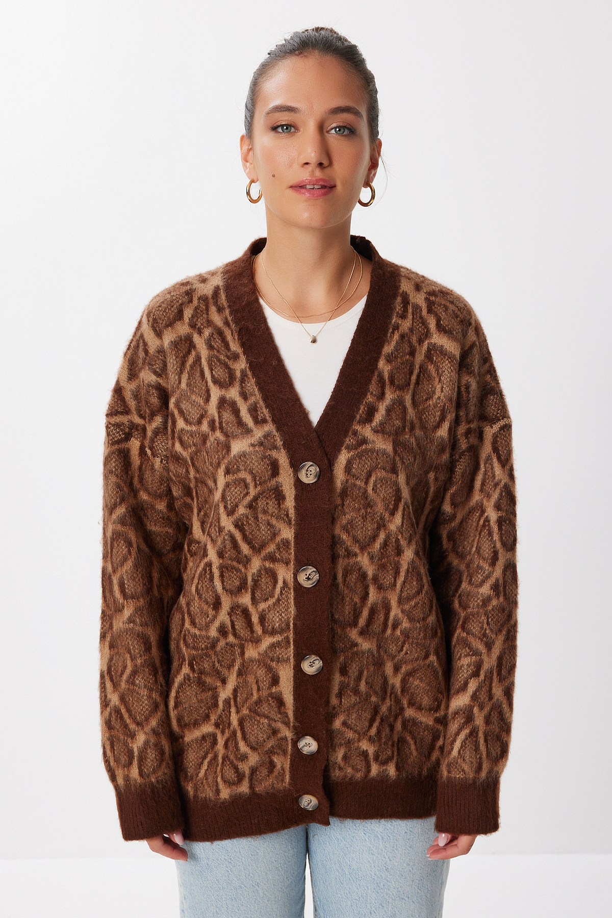 Lovelyİstanbul Leopar Desenli Yumuşak Oversize Triko Hırka LMU0002 KAHVERENGİ görsel 4