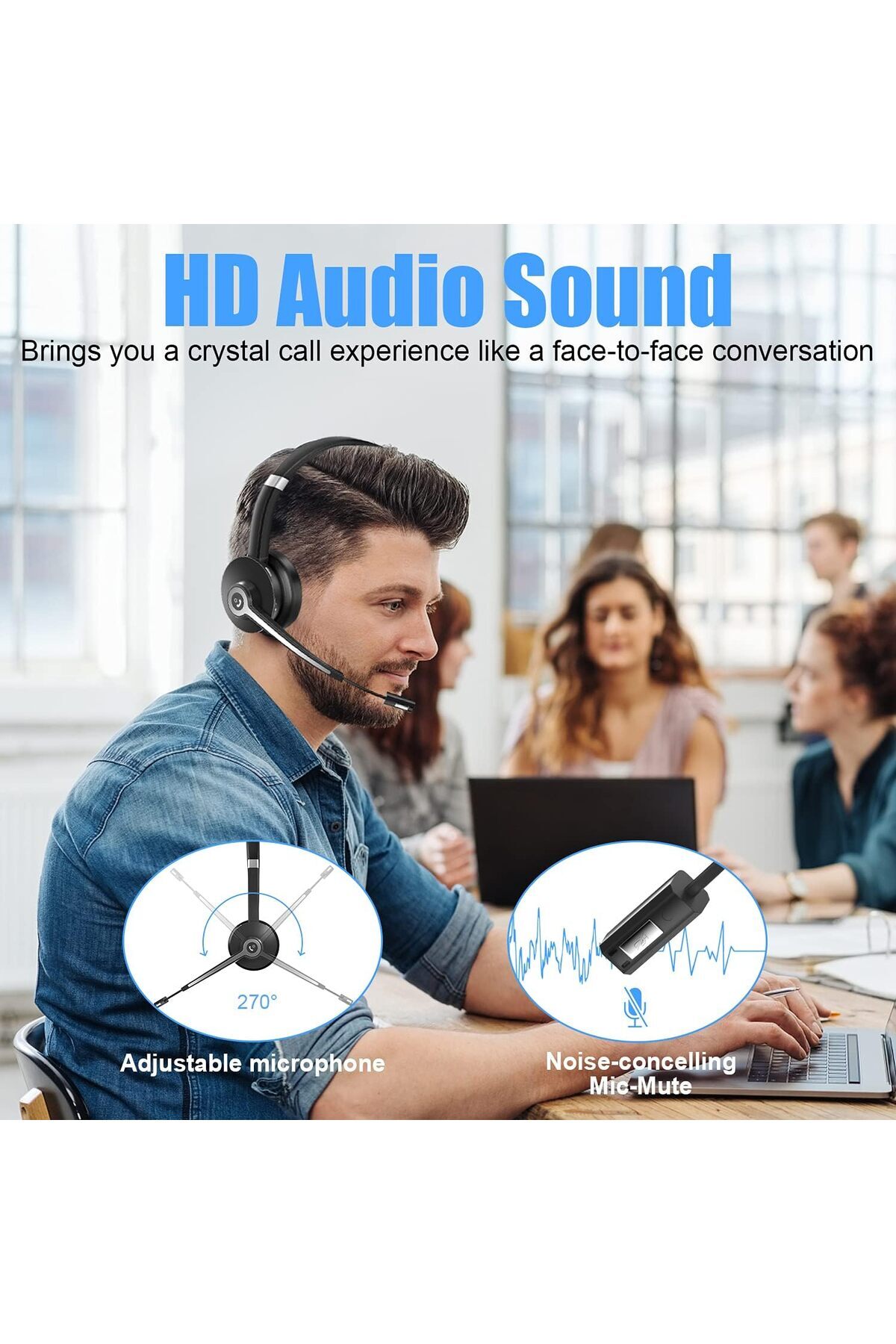 YUWAKAYI-Bluetooth Headset with Noise Canceling Microphone, V5.0, Mic Mute, Wireless Headphone for L 3