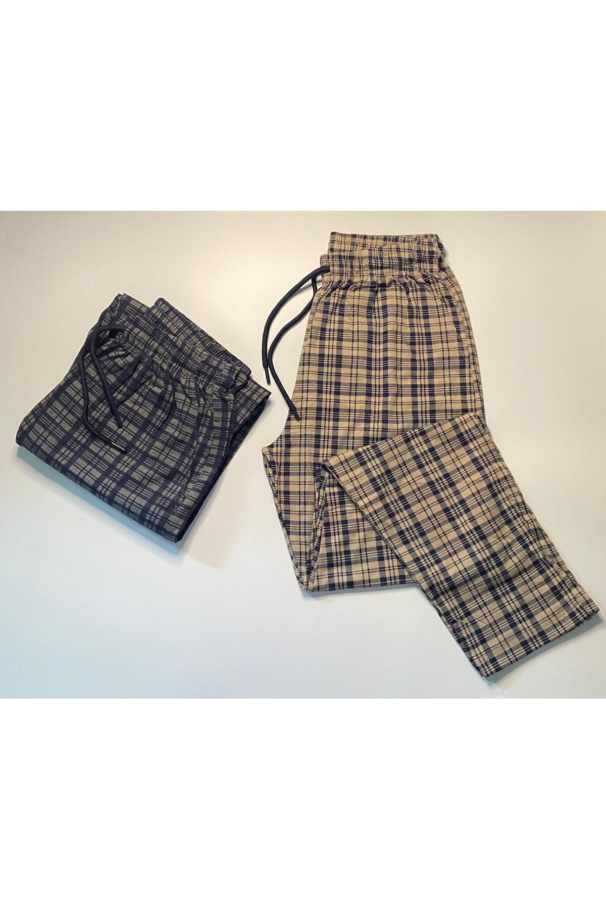 DÜVEN Saf Pamuk Ekose Desenli Cepli 2'li Erkek Pijama Altı ( Unisex Tek Alt Pijama )