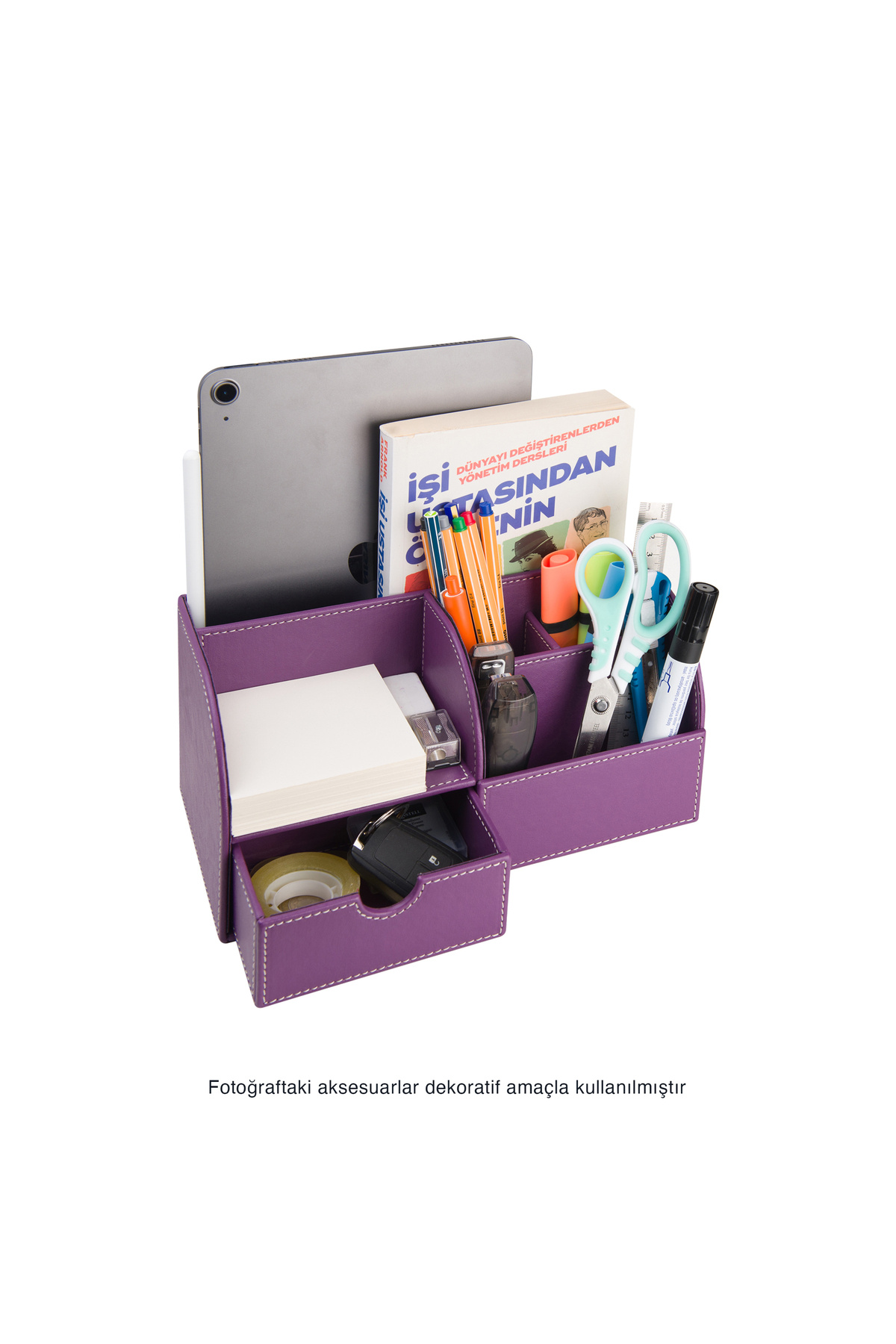 2K-Desktop Organizer, Pen Holder, Remote Control Holder, Cube Notepad Holder, Tablet Holder, Bookshelf, 6 Compartments, with Drawers, Lilac 3