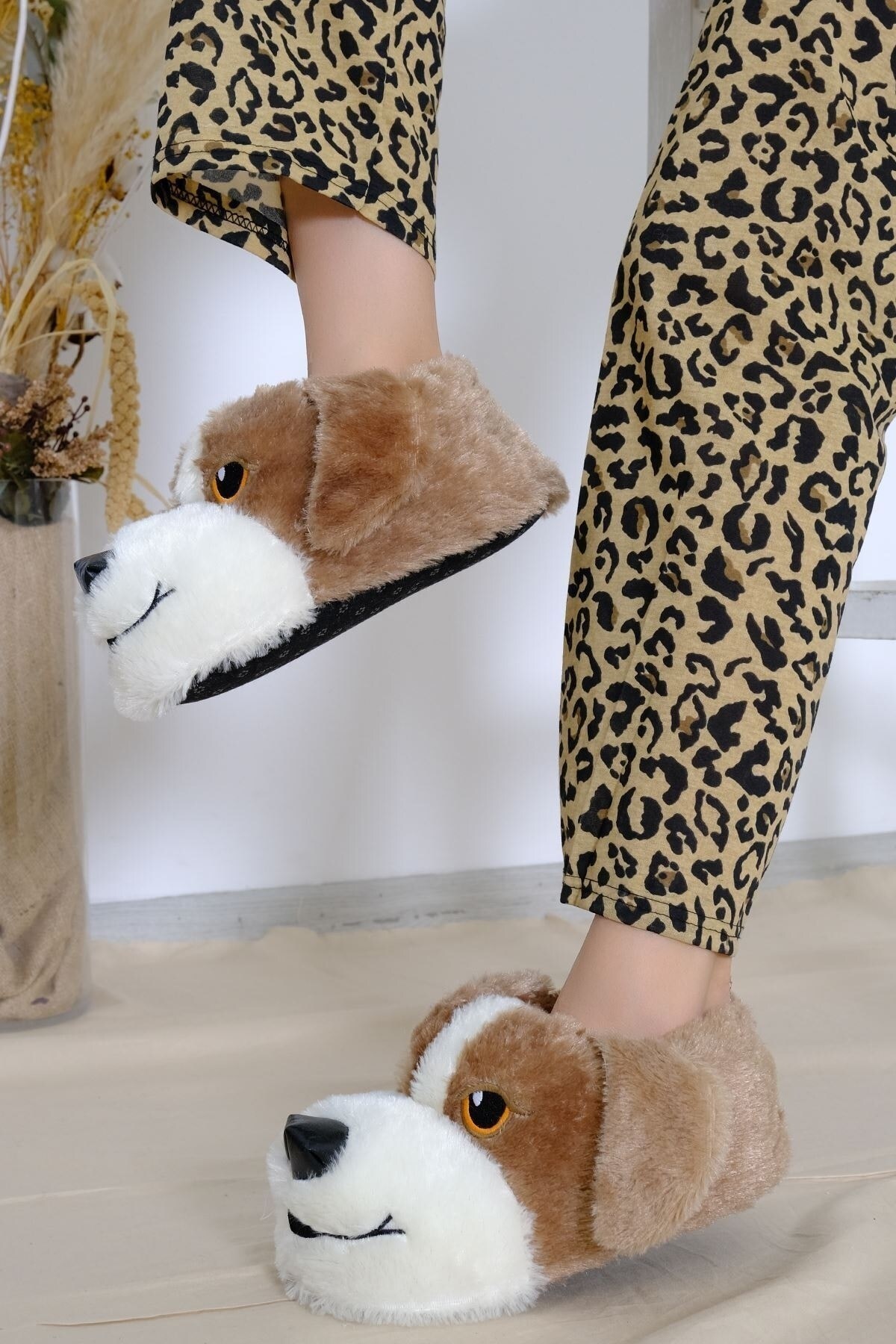 ALTUNTAŞ Unisex - Kadın - Erkek - Kız - Siyah Beyaz Köpekli Panduf Ev Botu görsel 8