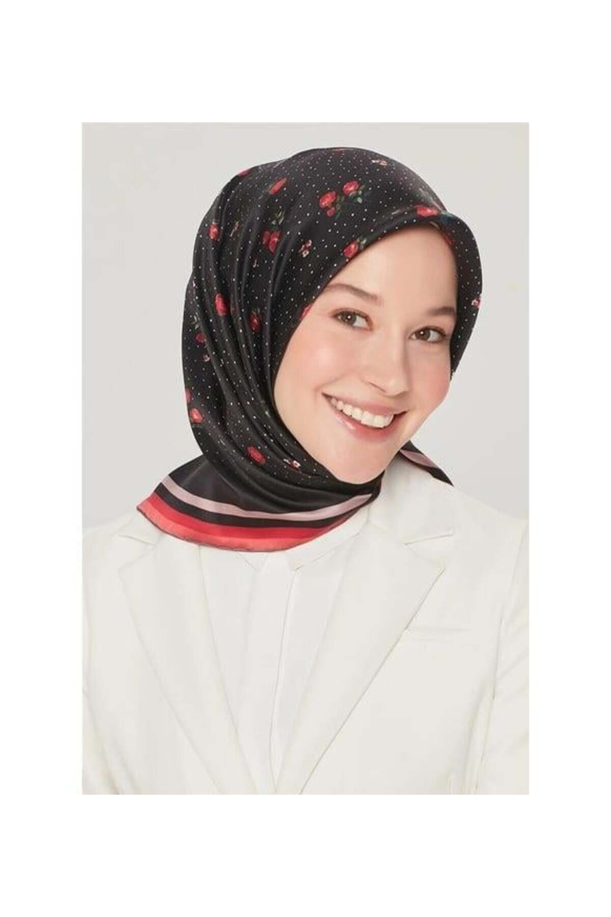 Modern Twill İpek Desenli Şık Tivil İpek Eşarp Siyah-Kırmızı