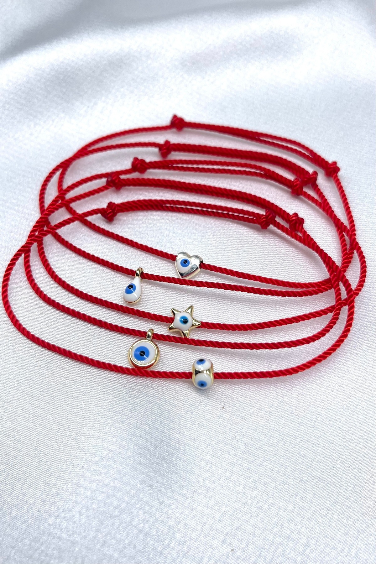 Concept HuBuTU-Set of 5 Minimal Evil Eye Themed Red Thin Twisted String Bracelets 2