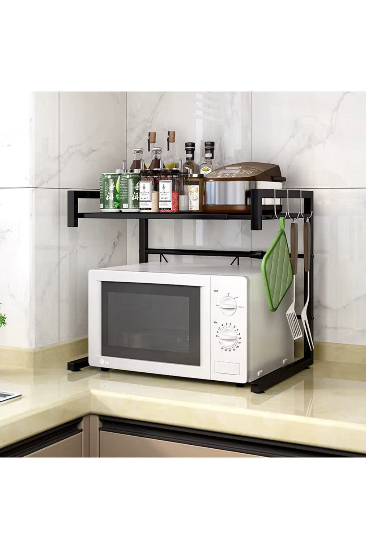 Choice-Extendable and Adjustable Microwave Organizer Rack with 3 Hooks 3