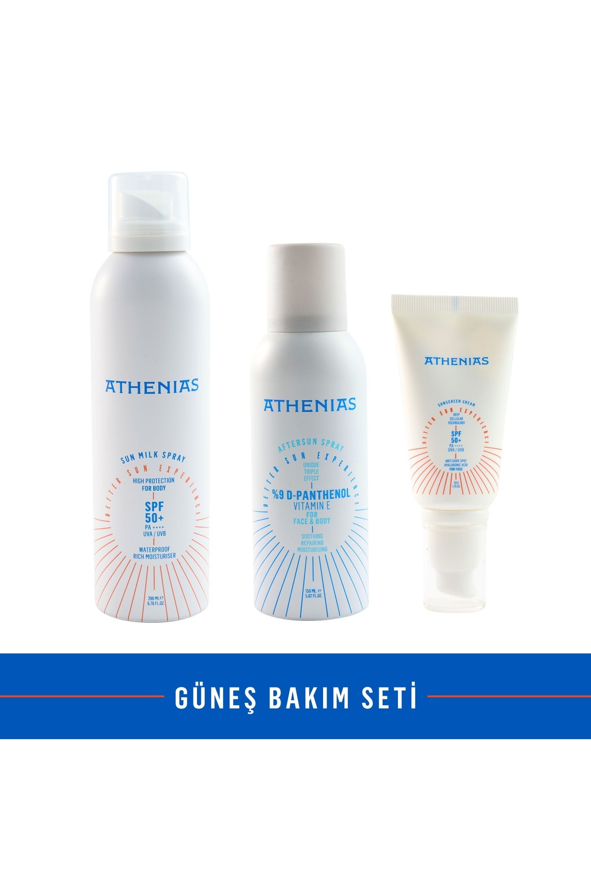 Athenias Güneş Bakım Seti Vücut güneş kremi + Yüz güneş kremi + Güneş sonrası spray Güneş B