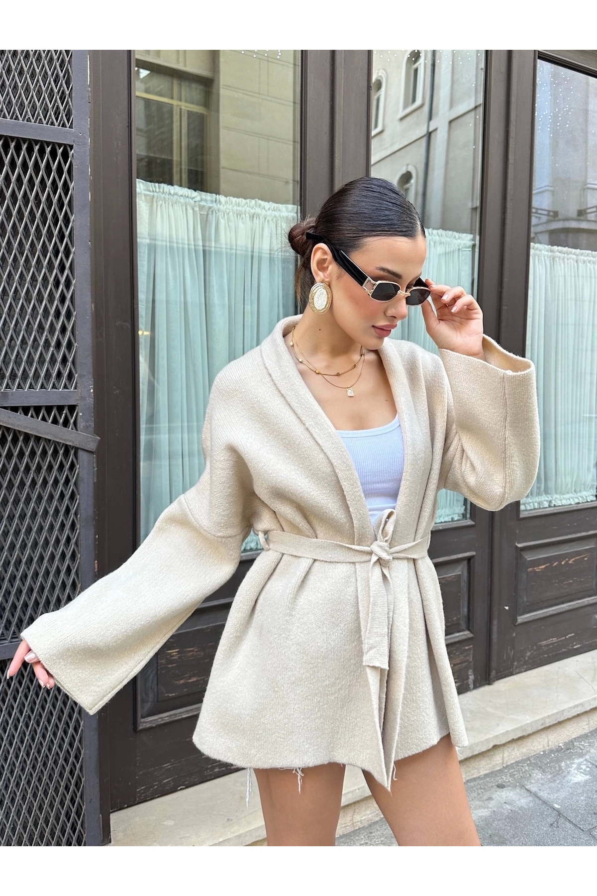 URİS Kadın Bej Kemerli Triko Kimono Hırka görsel 3
