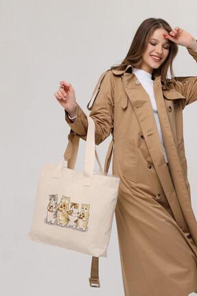 Çınar Bez Çanta Pizza Yiyen Kediler Baskılı Yatay Kanvas Bez Çanta