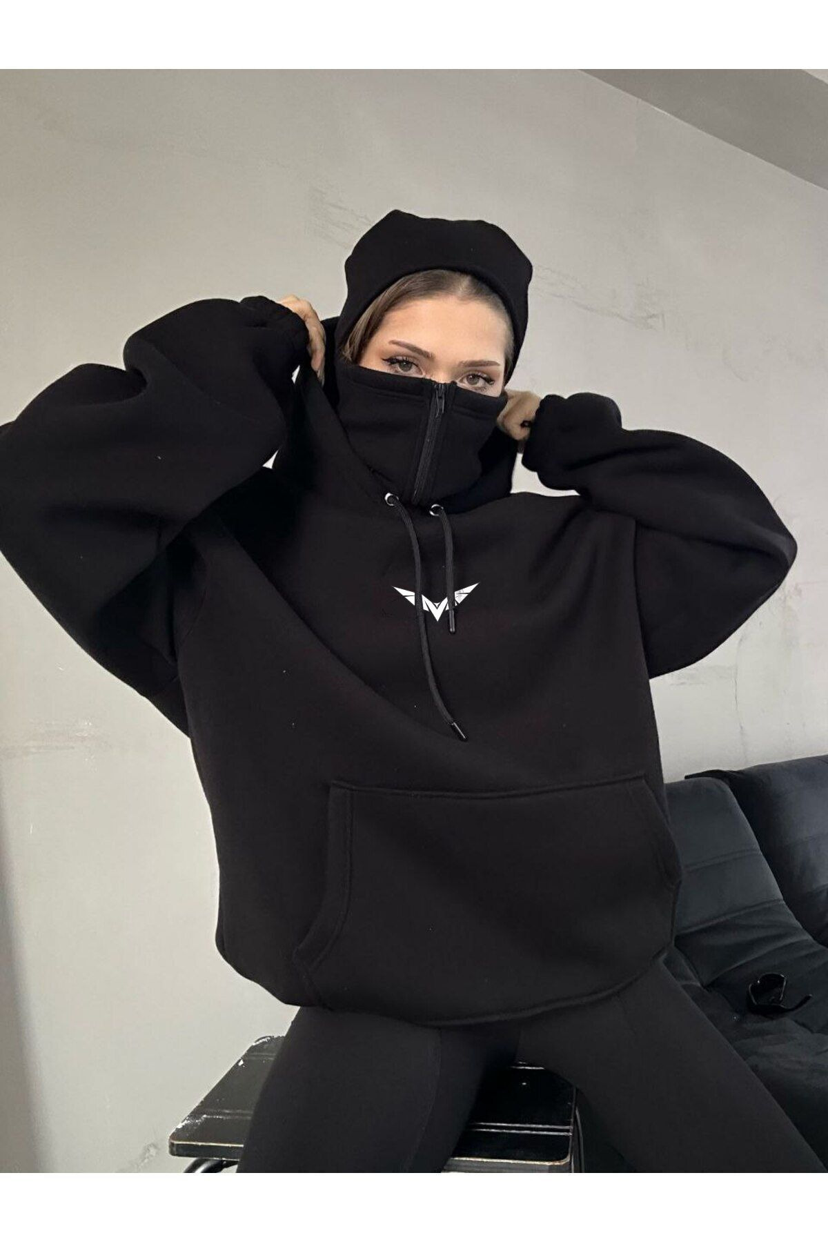 Genel Markalar  Origami Baskılı Maskeli Dikay Kapüşonlu Sweatshirt Hoodie - Görsel 4