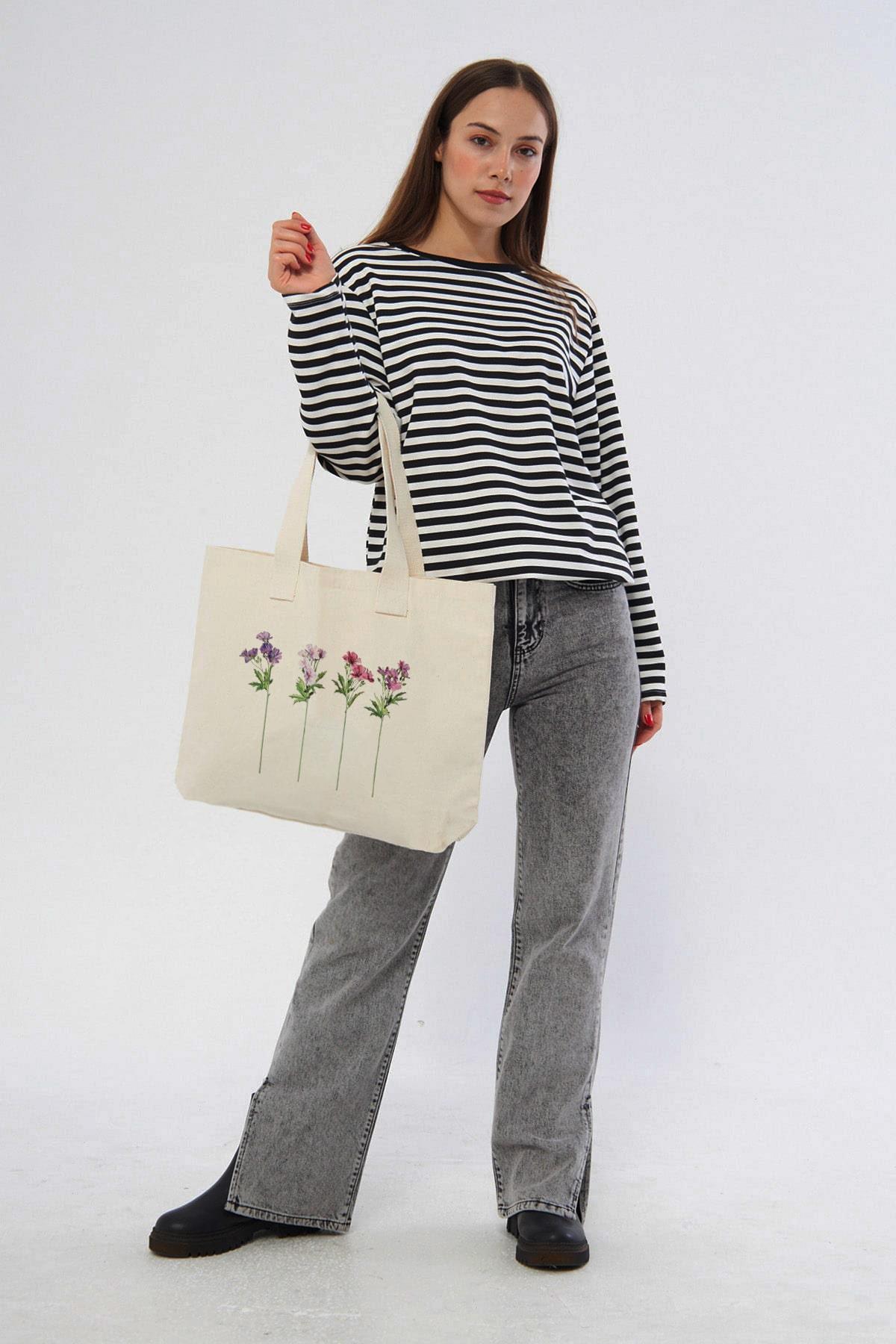 Çınar Bez Çanta  Uzun Dallı Çiçekler Baskılı Yatay Kanvas Bez Çanta - Görsel 5