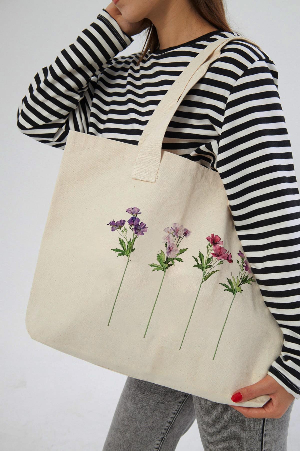 Çınar Bez Çanta  Uzun Dallı Çiçekler Baskılı Yatay Kanvas Bez Çanta - Görsel 4