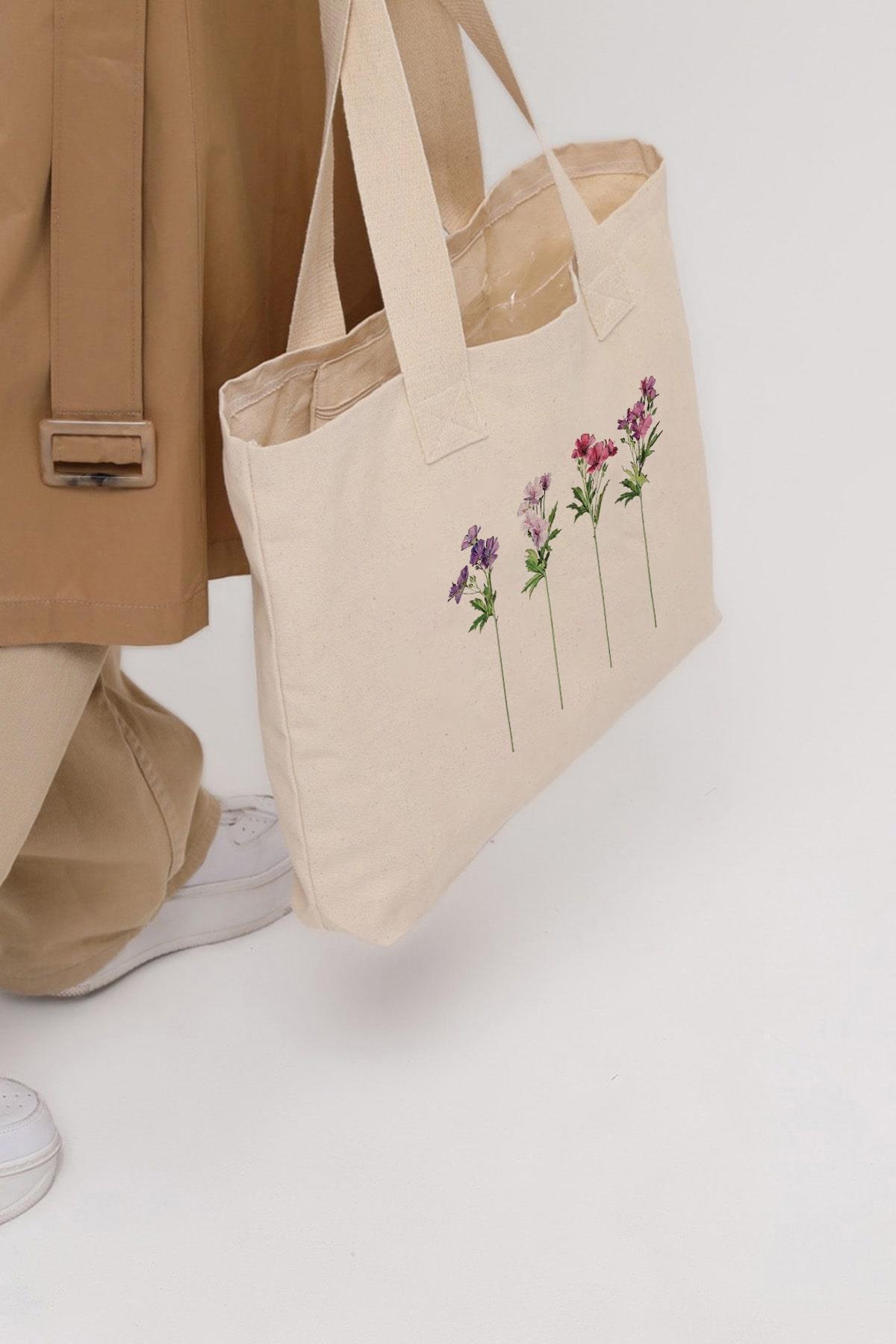 Çınar Bez Çanta  Uzun Dallı Çiçekler Baskılı Yatay Kanvas Bez Çanta - Görsel 7