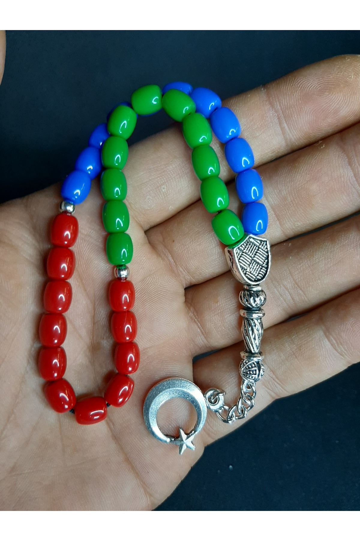 MRYart Azerbaycan Bayrak Renkli Plastik Boncuk Tesbih Ay Yıldız