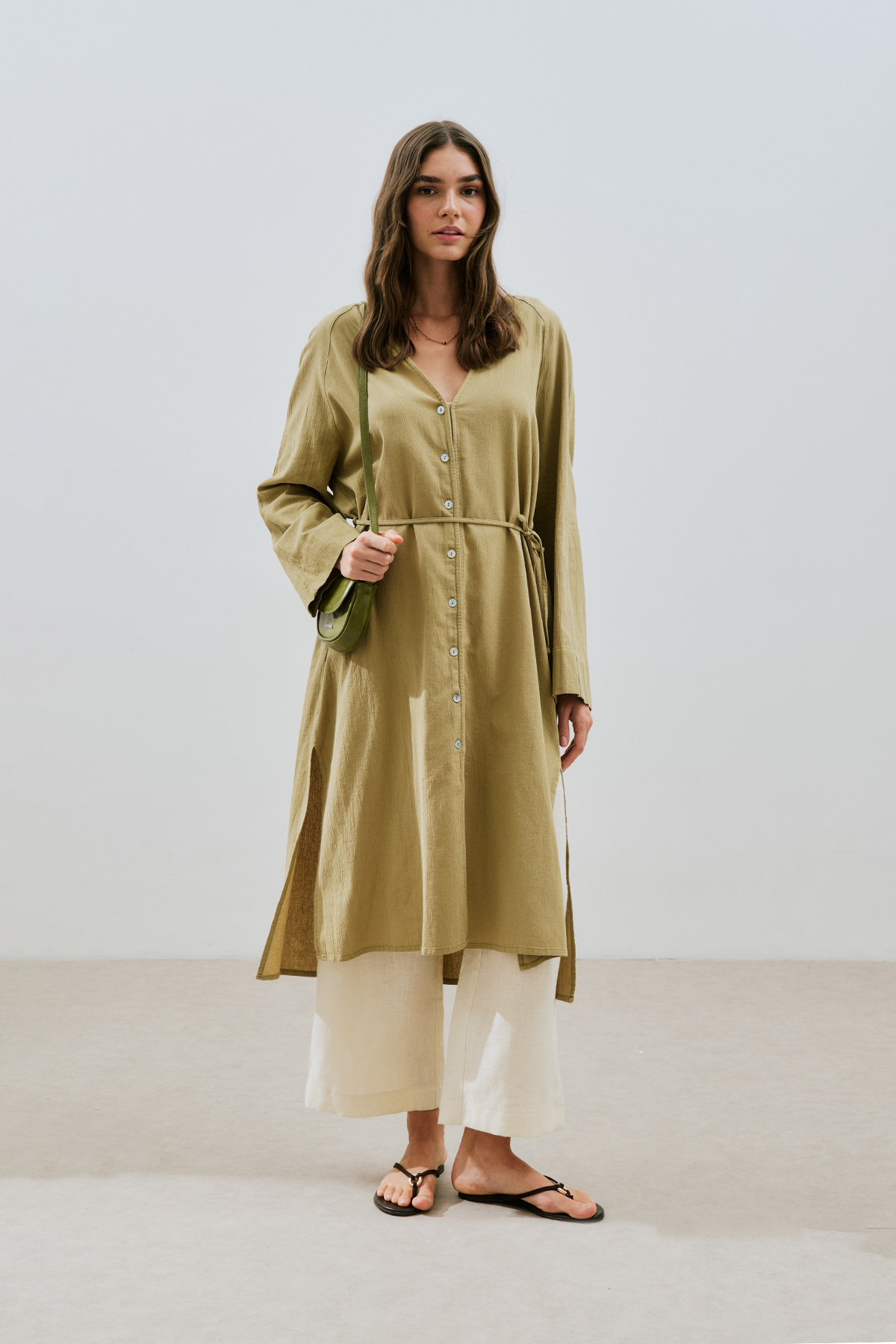 Manuka-Textured Buttoned Long Tunic Khaki 2