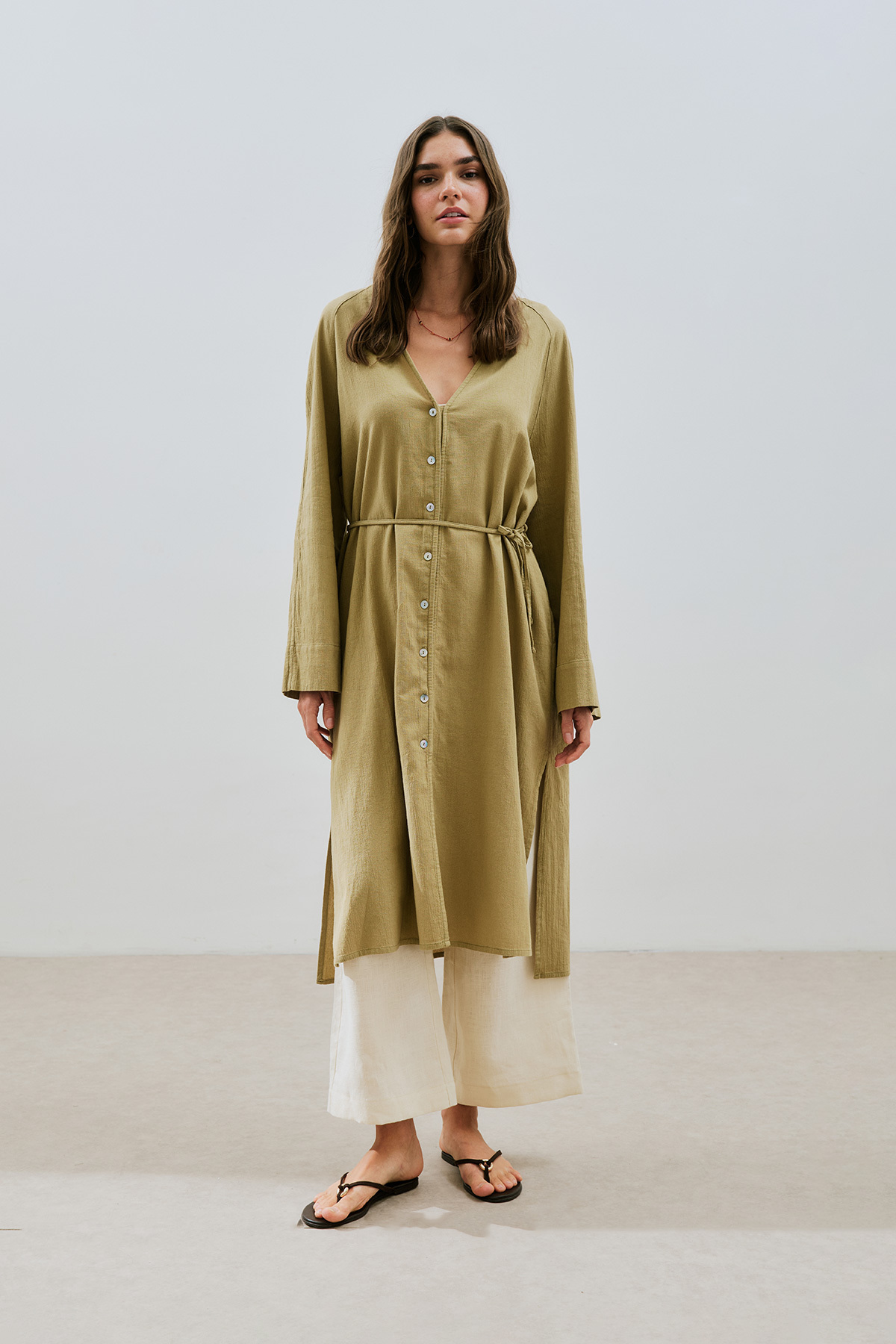 Manuka-Textured Buttoned Long Tunic Khaki 1