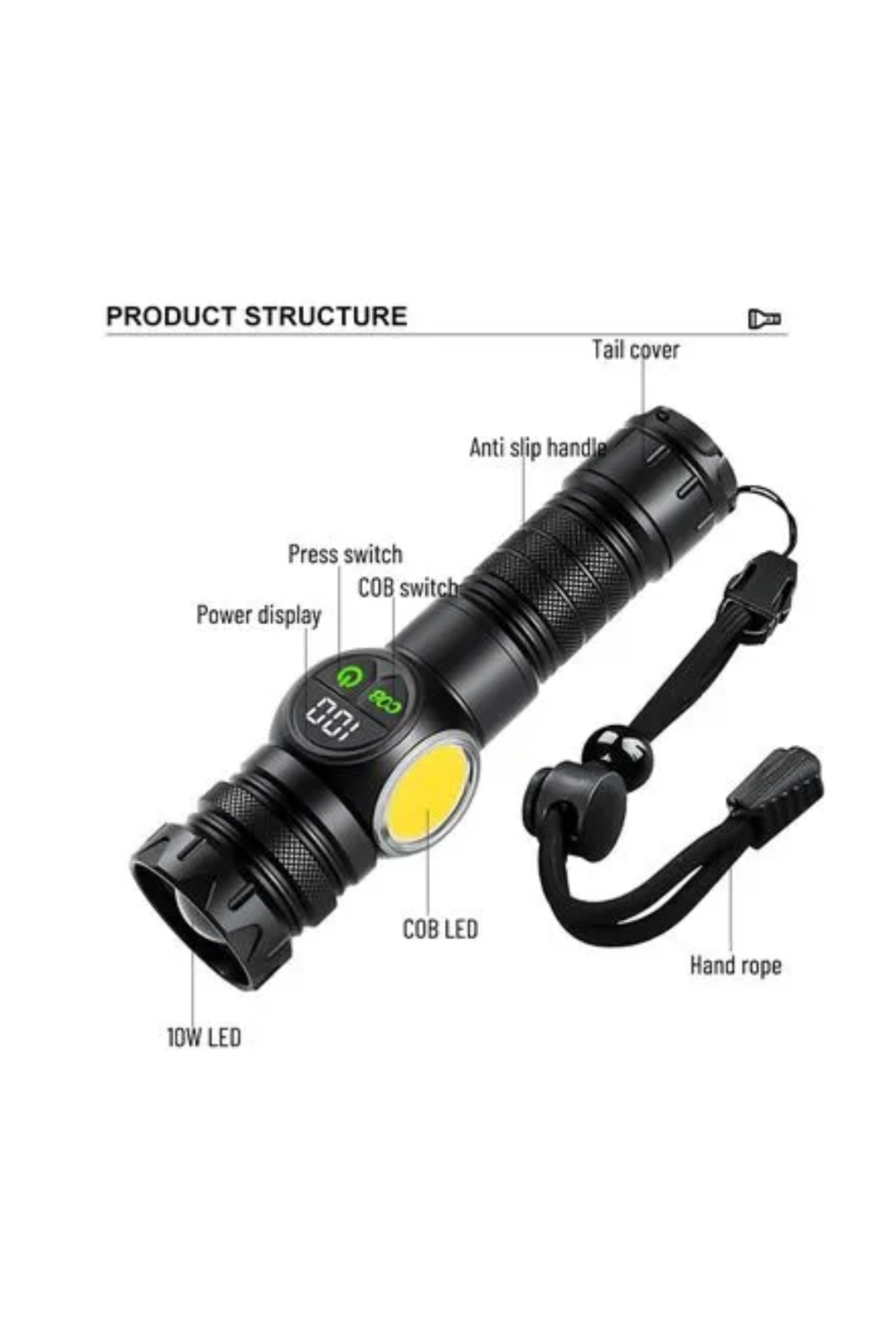 Generic-LED Flashlight-USB Alloy Torch with Digital Display, Telescopic Zoom, COB Side Light & Magnetic Base 5