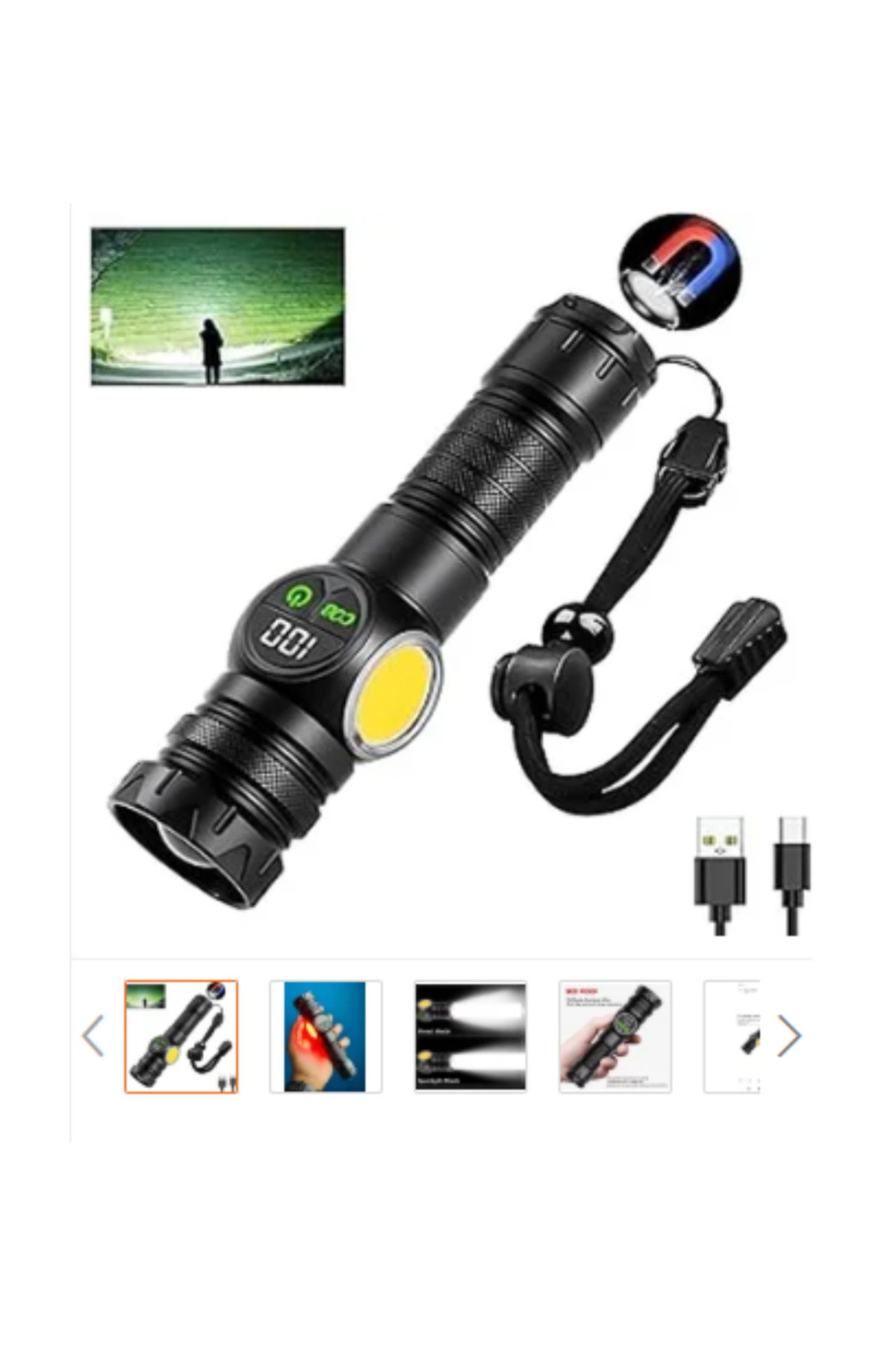 Generic-LED Flashlight-USB Alloy Torch with Digital Display, Telescopic Zoom, COB Side Light & Magnetic Base 1