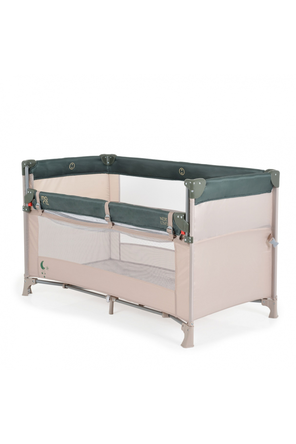 Moni-Folding children's cot with sliding side Next level Green, 3 usage options, 2 levels, seat 4