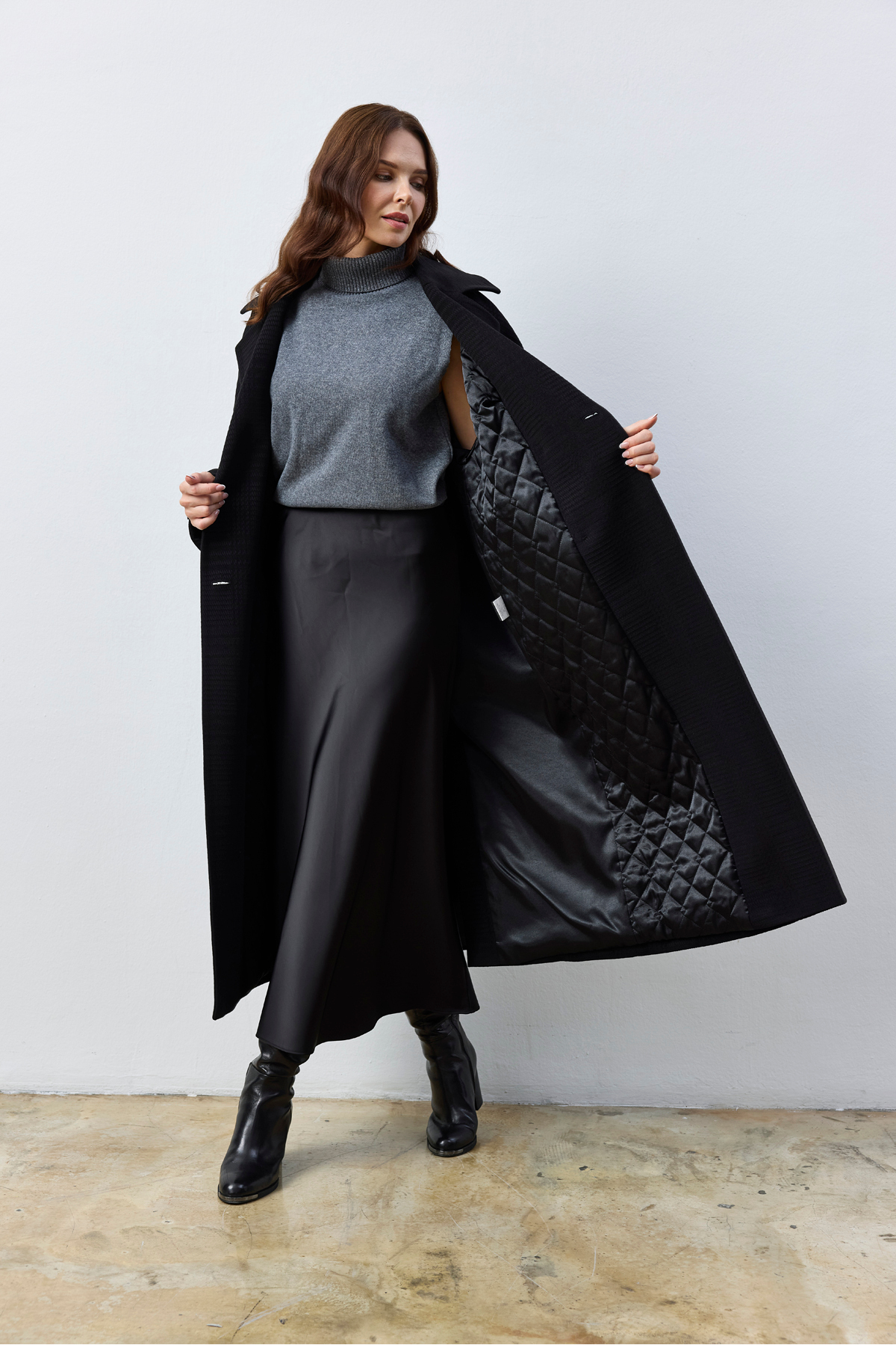 Kent  Oversize Siyah Uzun Kaban Kuşaklı, Kendinden Dokulu Kumaş - Görsel 7