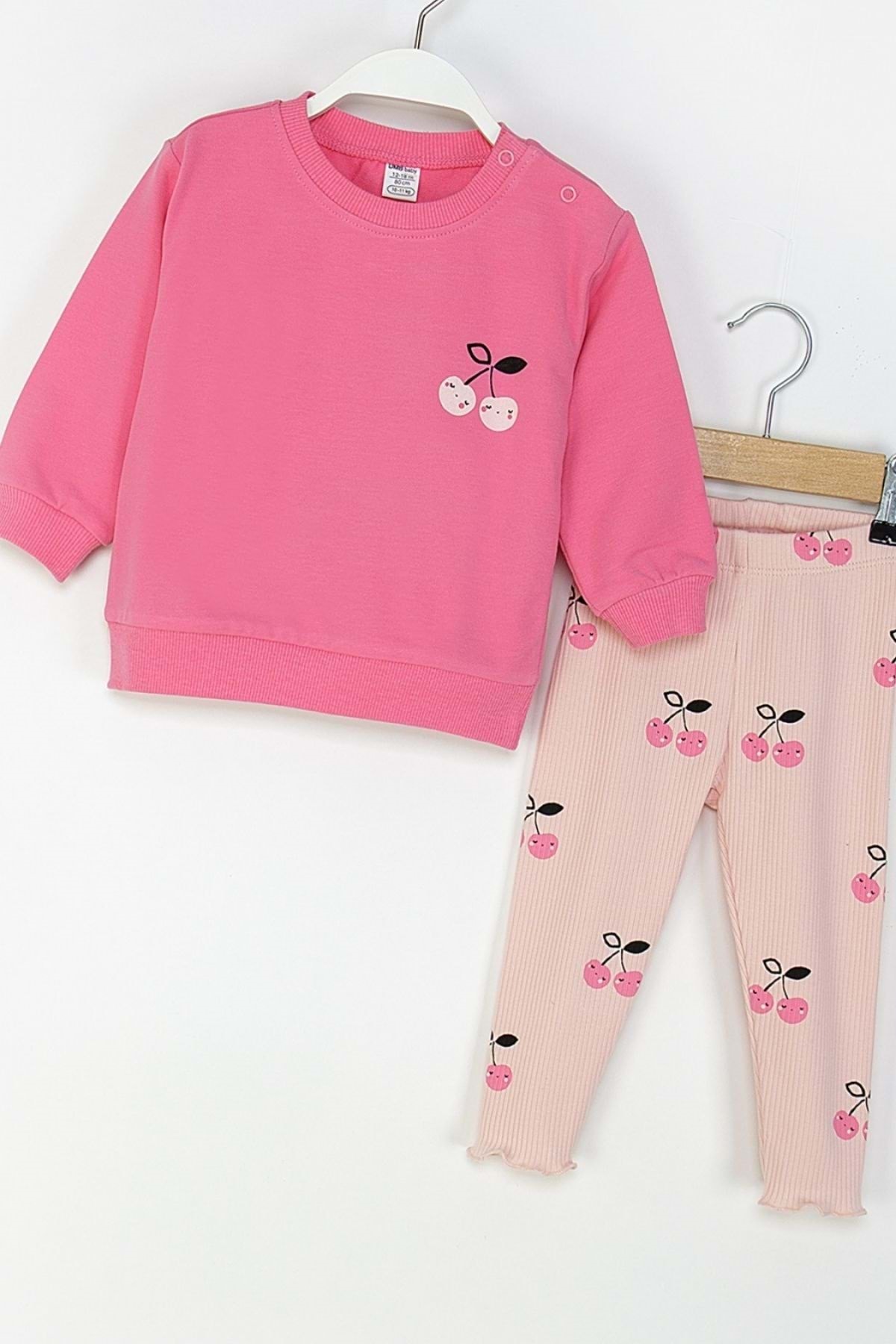 ww waka waka kids store Kız Çocuk Kiraz Baskılı Eşofman Takımı – Pembe & Kırmızı fotoğrafı 4 (önizleme)