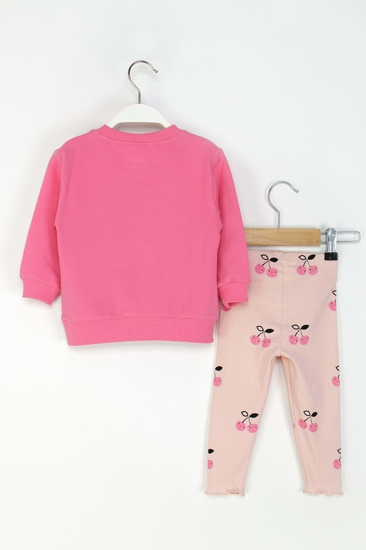 ww waka waka kids store Kız Çocuk Kiraz Baskılı Eşofman Takımı – Pembe & Kırmızı fotoğrafı 3 (önizleme)