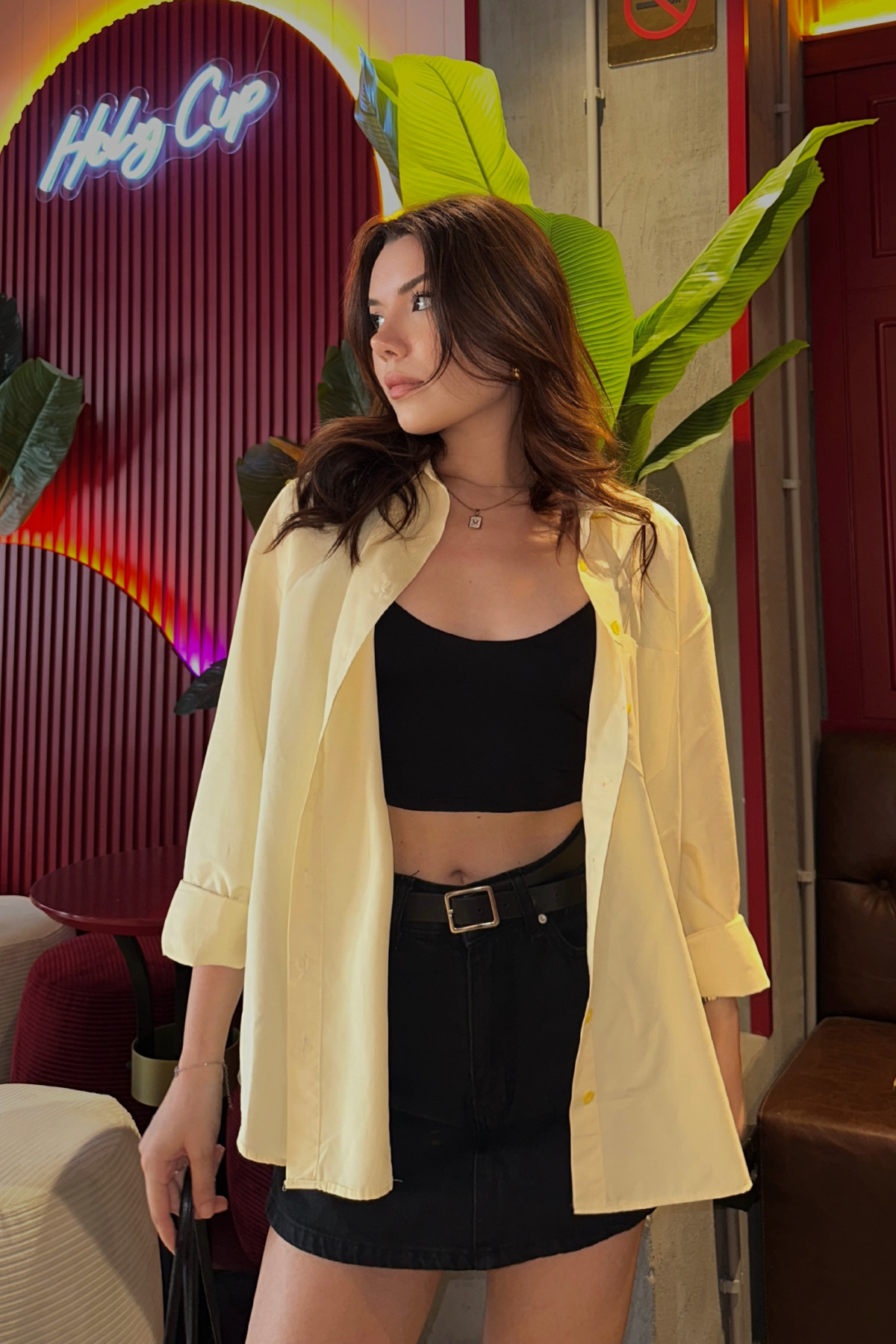 Bipantolon Kadın Tereyağı Sarısı Oversize Basic Cep Detaylı Poplin Uzun Kol Gömlek görsel 8