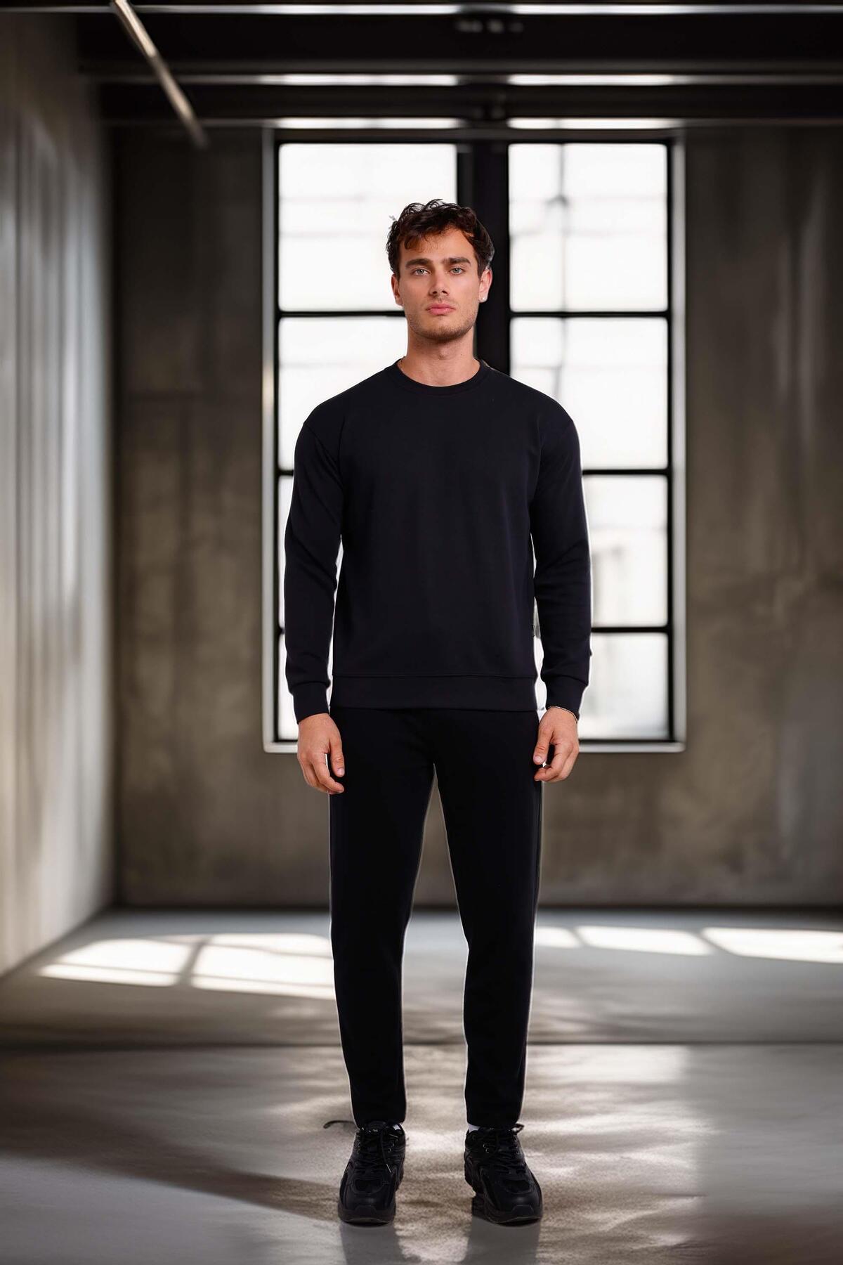 Wenders Relax Fit Basic Fırçalı Interlok Bisiklet Yaka Erkek Sweatshirt - Siyah — مشکی SS10035 — تصویر 3 از 8