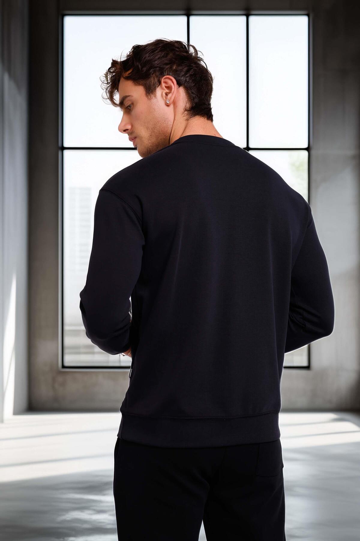 Wenders Relax Fit Basic Fırçalı Interlok Bisiklet Yaka Erkek Sweatshirt - Siyah — مشکی SS10035 — تصویر 5 از 8
