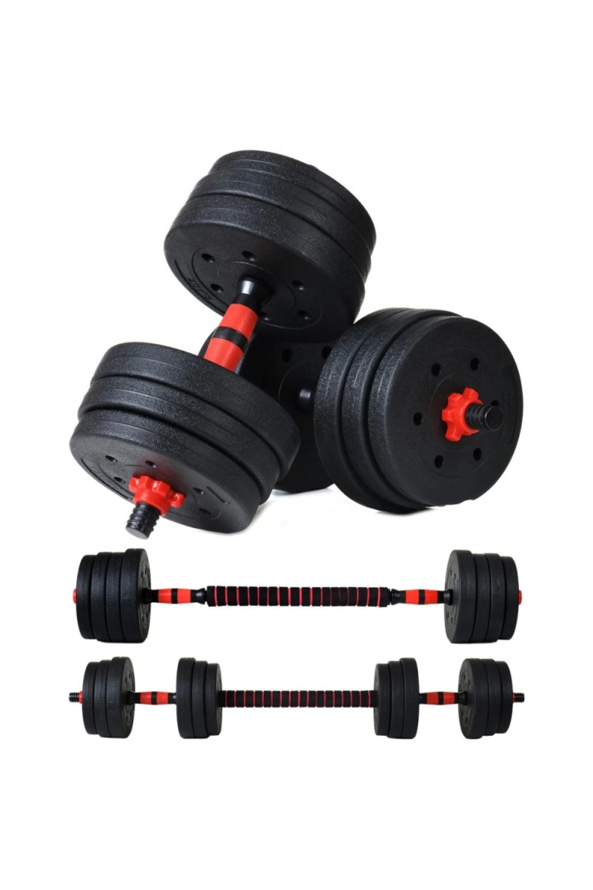 PROCART-Barbell and dumbbell set, 2x10 kg load, connection bar, 12 discs of different weights, black/red 1
