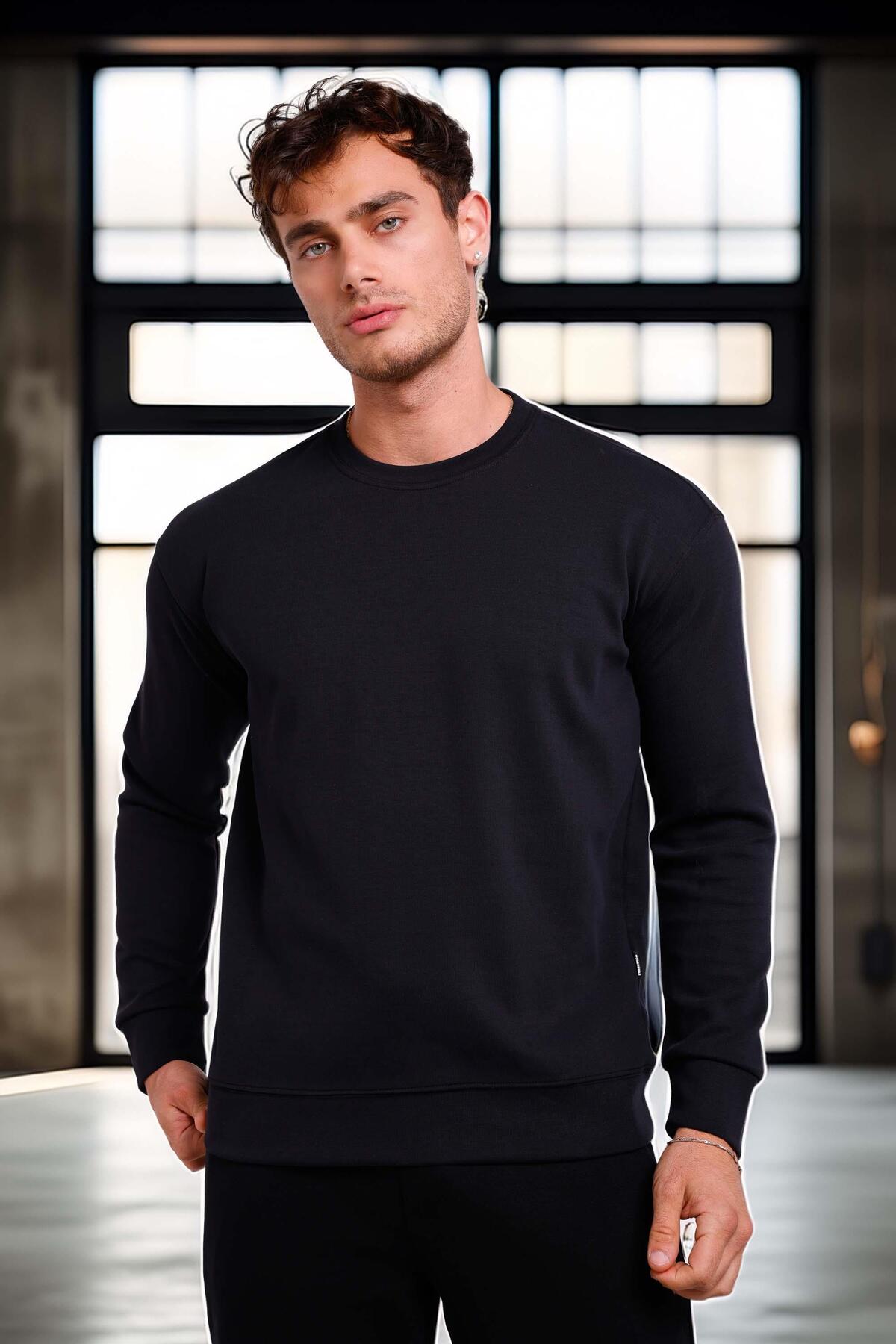 Wenders Relax Fit Basic Fırçalı Interlok Bisiklet Yaka Erkek Sweatshirt - Siyah — مشکی SS10035 — تصویر 6 از 8