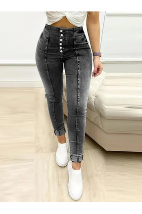 Esinty Trend Kadın Çok Düğmeli Yüksek Bel Jean pantolon