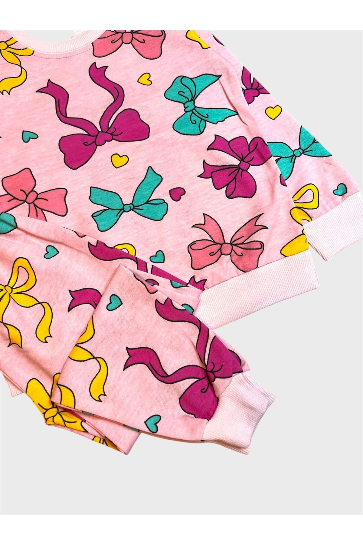 ALİŞ KİDS Kız Çocuk Pamuklu Şardonlu Pembe Kurdele Desenli Uzun Kollu Pijama Takımı fotoğrafı 2 (önizleme)