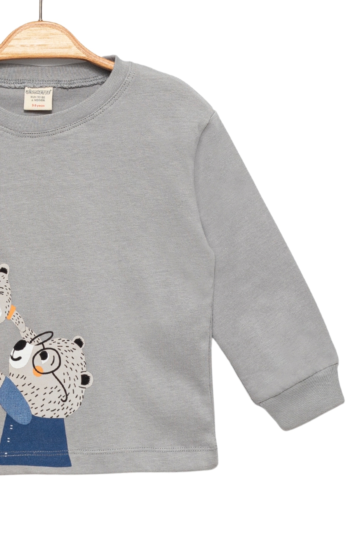 Divonette Kız Erkek Çocuk İnce Mevsimlik %100 Pamuk Uzun Kollu Ayıcık Desenli Unisex Gri T-shirt fotoğrafı 2 (önizleme)