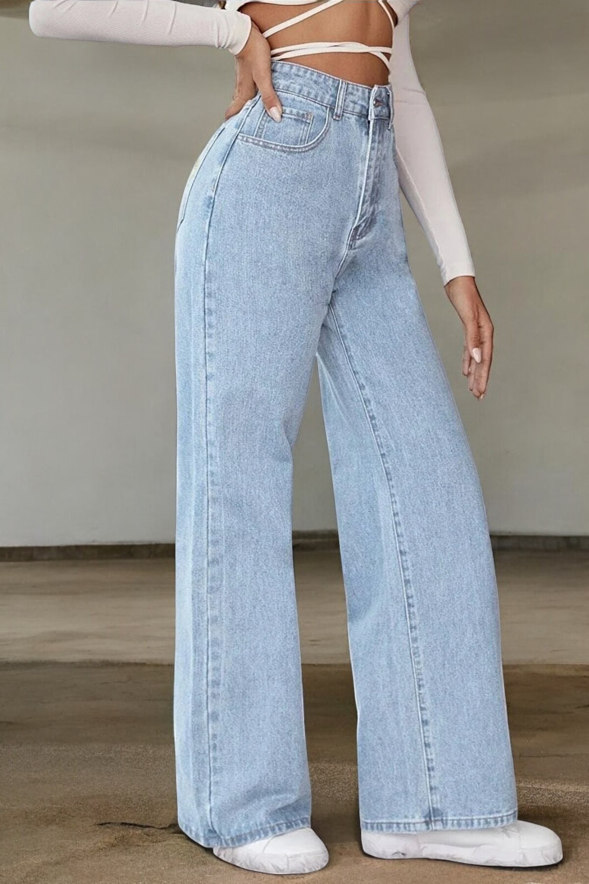 byhaziran butik  Genç Kız Mavi Yıkama Yüksek Bel Likralı Salaş Bol Paça Jeans