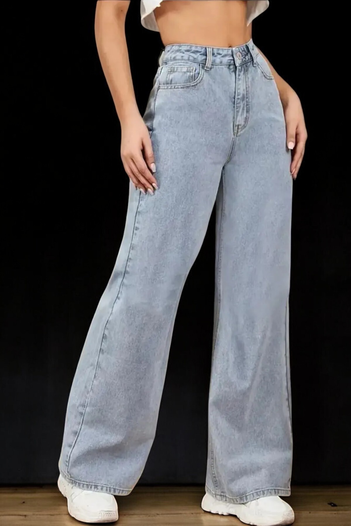 byhaziran butik  Genç Kız Açık Mavi Kar Yıkama Yüksek Bel Likralı Rahat 90's Salaş Paça Jeans - Görsel 2