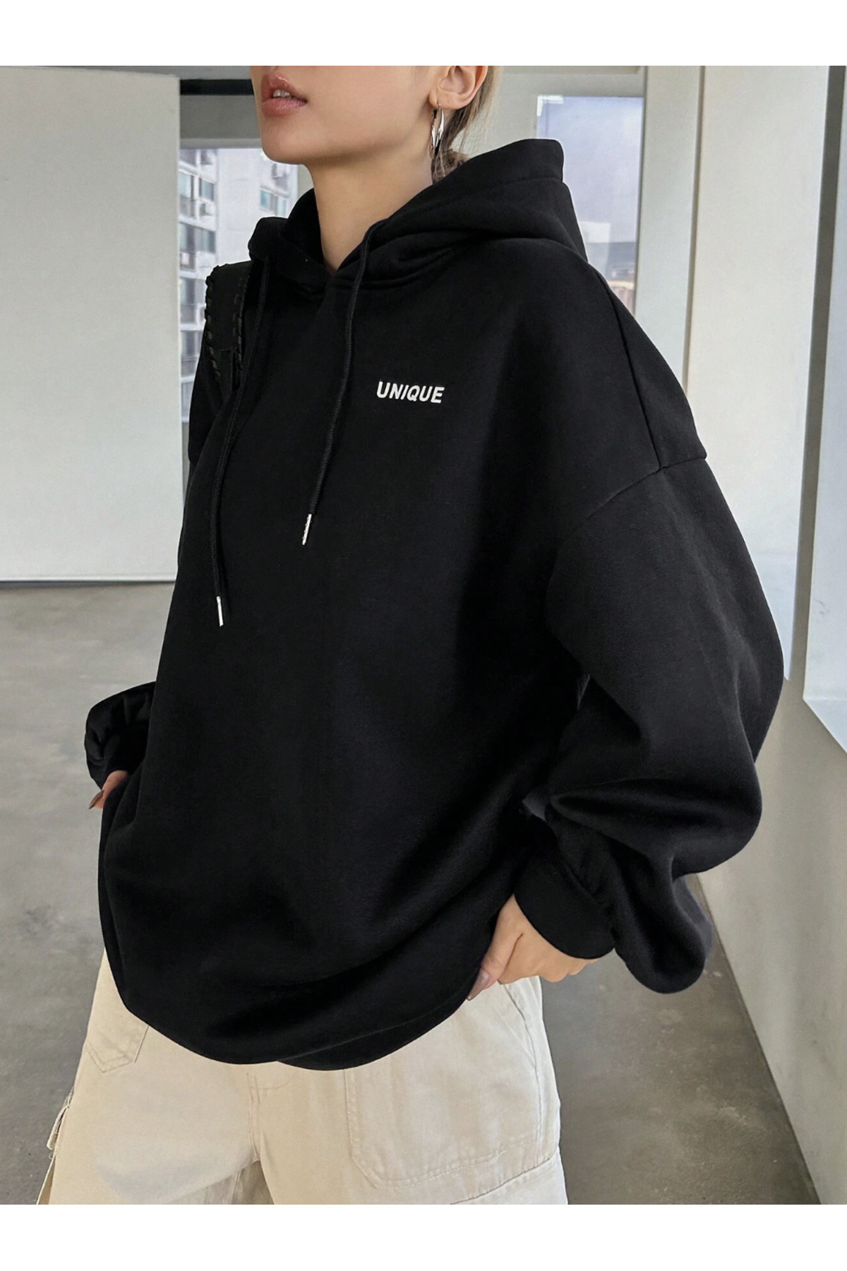 COHERENT Unisex Kadın/Erkek UNIQUE Özel Baskılı Renkli Oversize KAPÜŞONLU Pamuklu Sweatshirt görsel 3