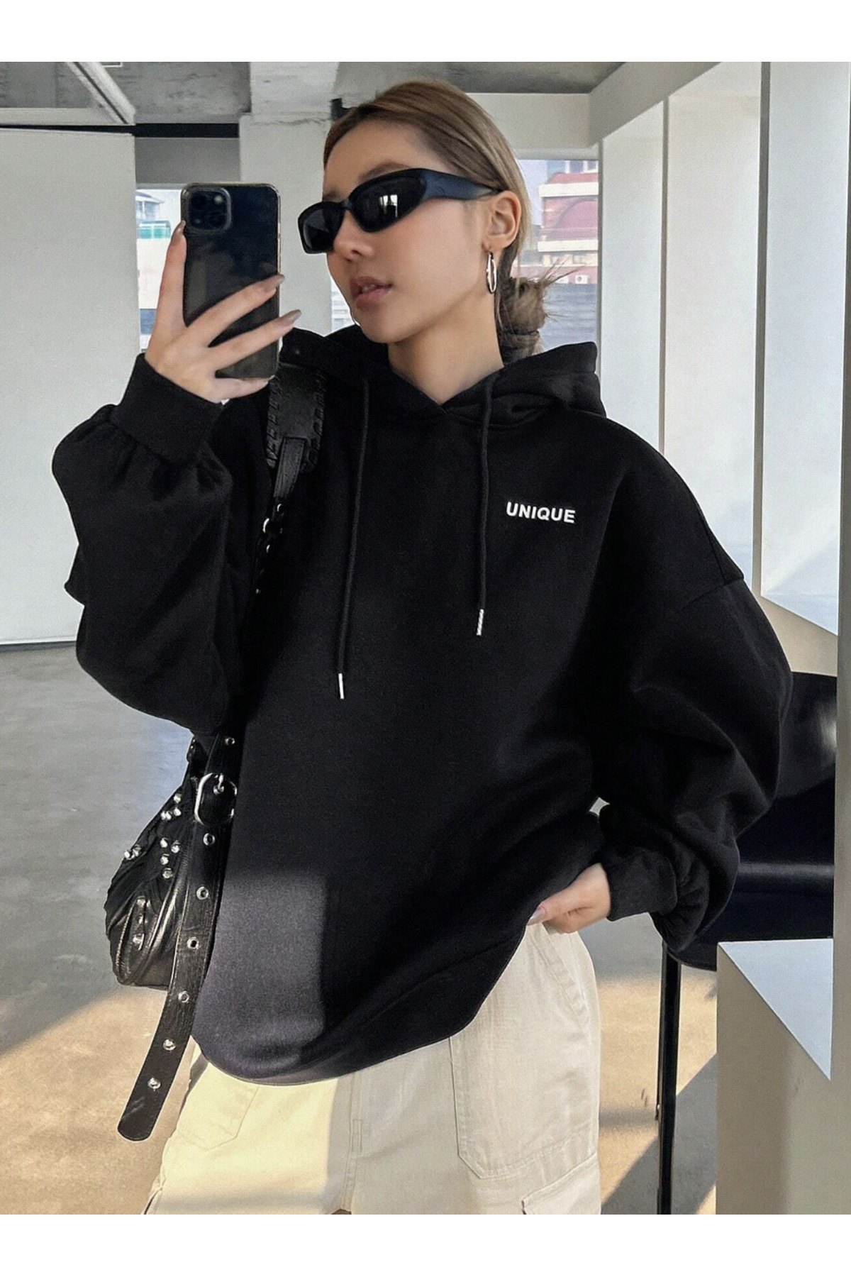 COHERENT Unisex Kadın/Erkek UNIQUE Özel Baskılı Renkli Oversize KAPÜŞONLU Pamuklu Sweatshirt görsel 4