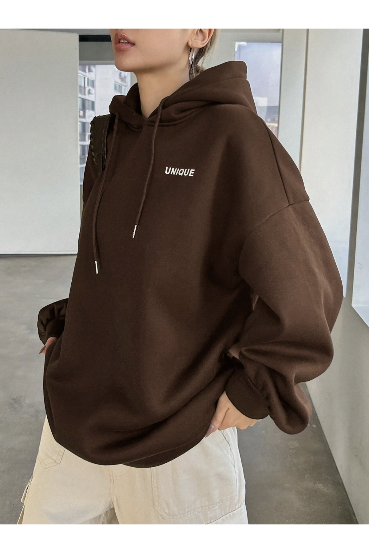 COHERENT Unisex Kadın/Erkek UNIQUE Özel Baskılı Renkli Oversize KAPÜŞONLU Pamuklu Sweatshirt görsel 3