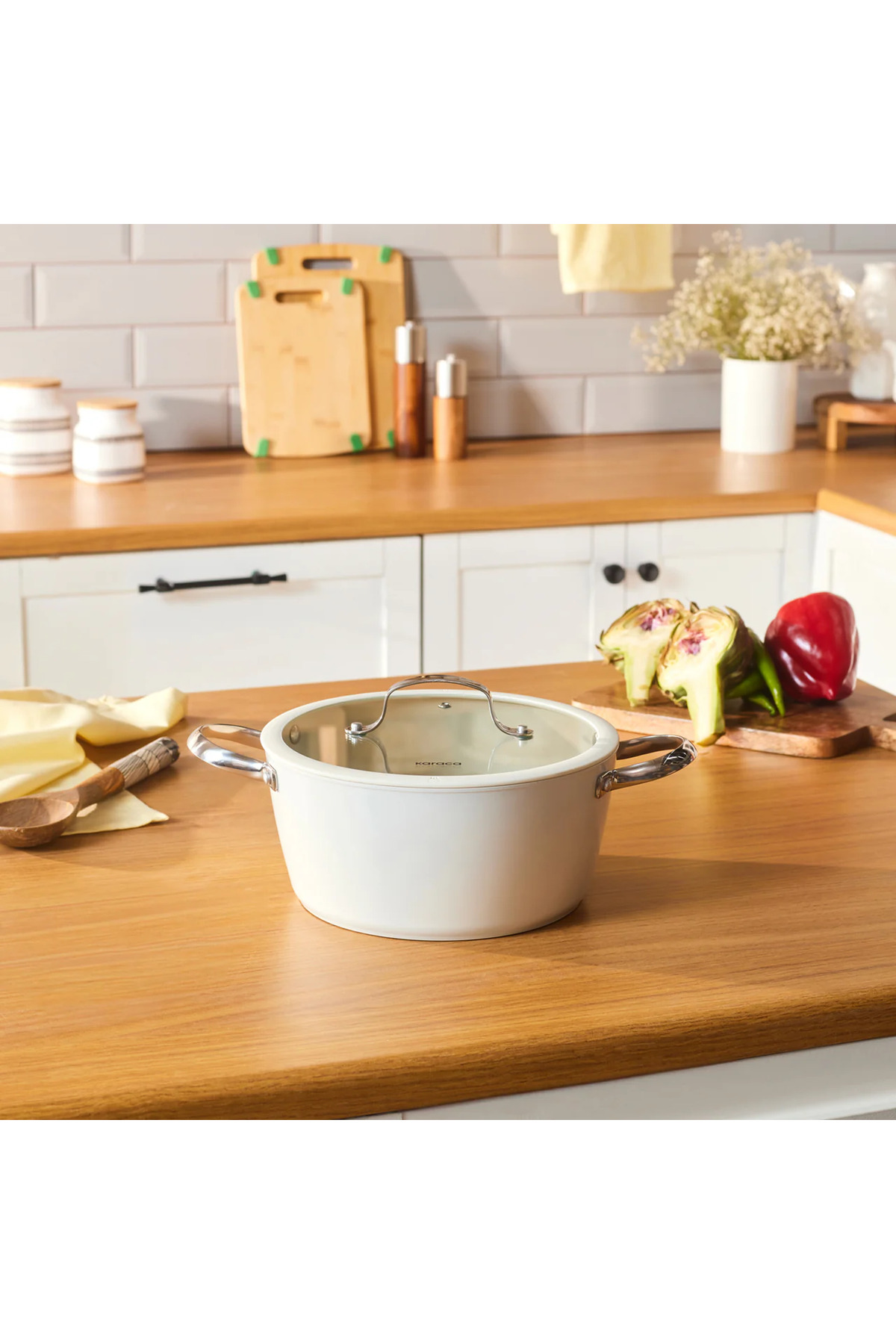 Karaca Swiss Crystal Mandle Cream Nepřilnavý indukční kastrol s nepřilnavou r...