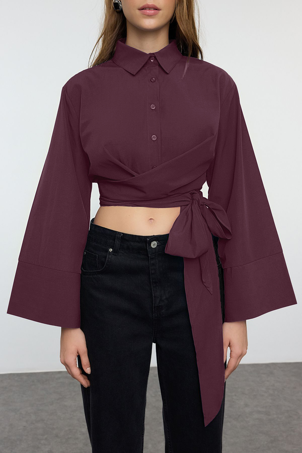 Trendyolmilla  Mürdüm Bağlama Detaylı Regular Normal Kalıp Dokuma Gömlek TWOAW25GO00067 - Görsel 4