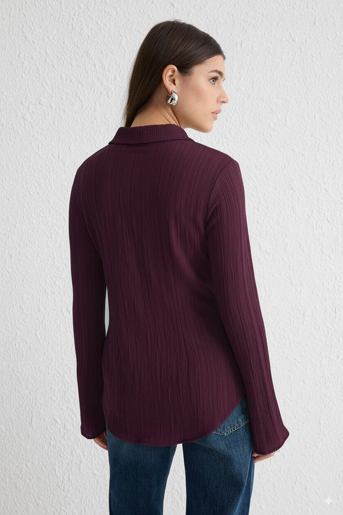 Trendyolmilla  Mürdüm Dokulu Fitted Bele Oturan Dokuma Gömlek TWOSS24GO00002 - Görsel 5