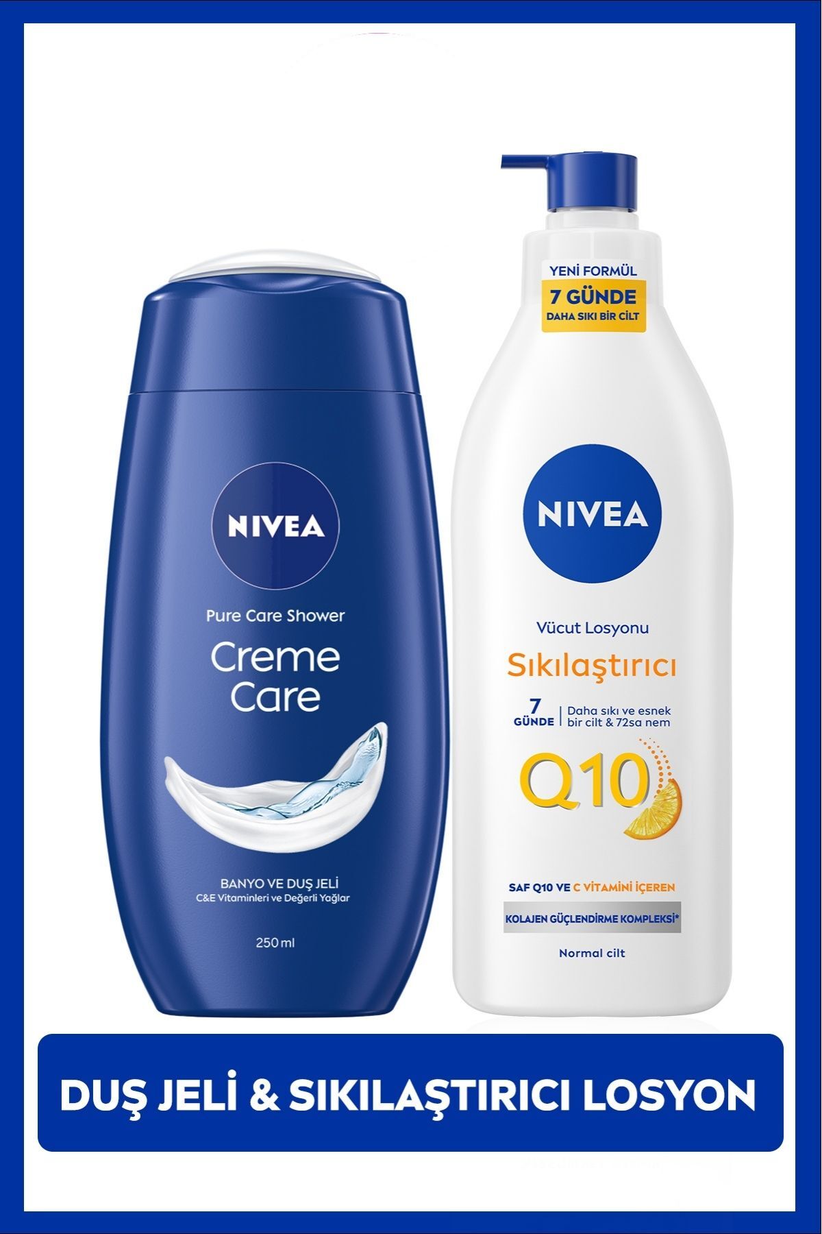 NIVEA Creme Care Nemlendirici Duş Jeli 250ml ve Q10 Sıkılaştırıcı Vücut Bakım Losyonu 400ml, C Vitamini