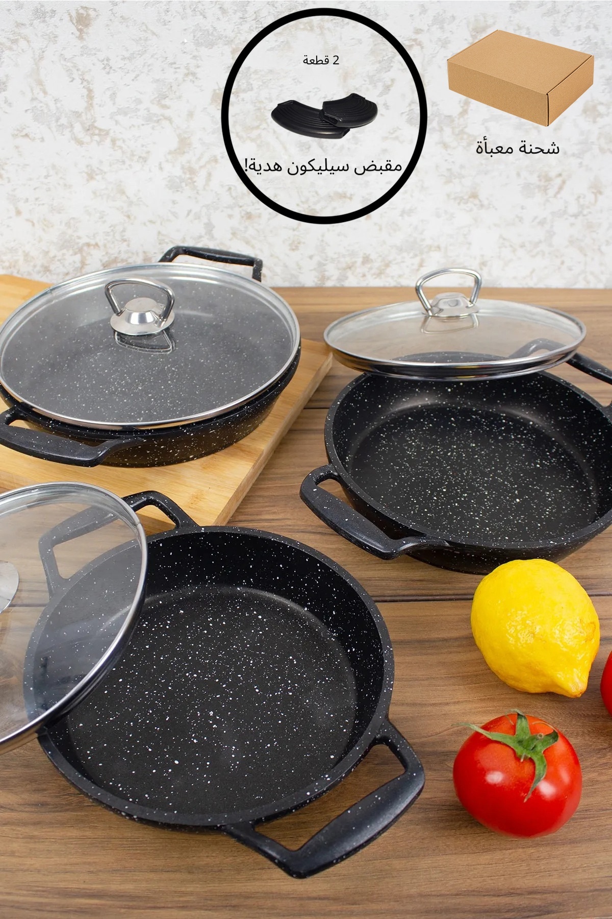 ESIVITALIA Essenso 6-Piece Granite Pan Set with Glass Lid Casting Black 18-20-22 cm