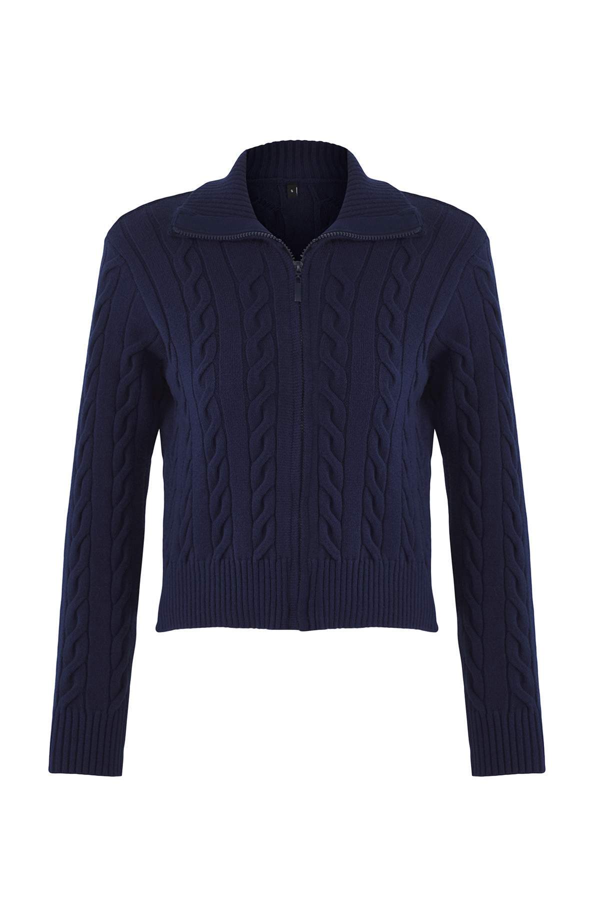 Trendyolmilla  Wardrobe Essentials Lacivert Premium İplikDevrik Yaka Saç Örgülü Basic Triko Hırka | TWOAW26HI00137 - Görsel 5