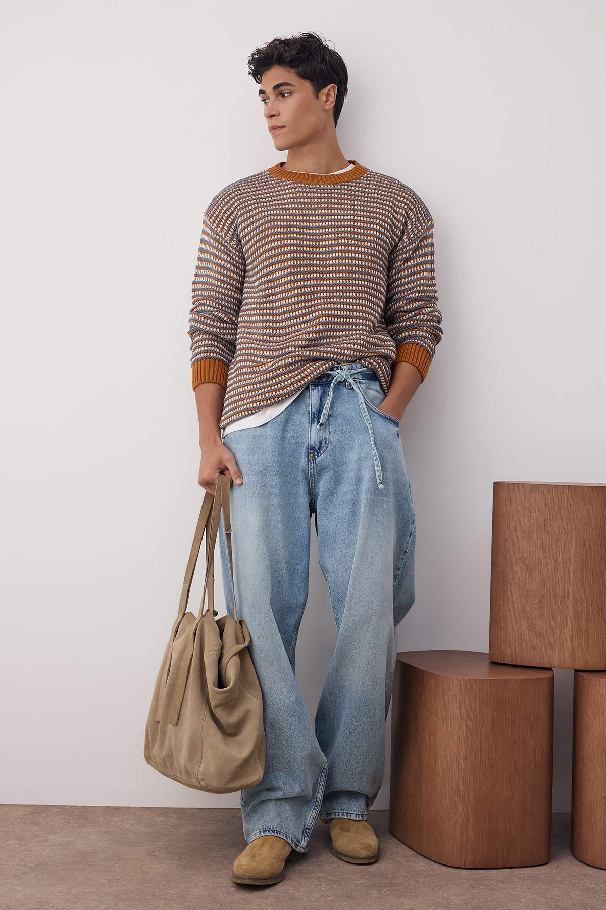 Trendyolmilla Man Camel Regular Bisiklet Yaka Jakarlı Kazak TMNAW22KZ0658