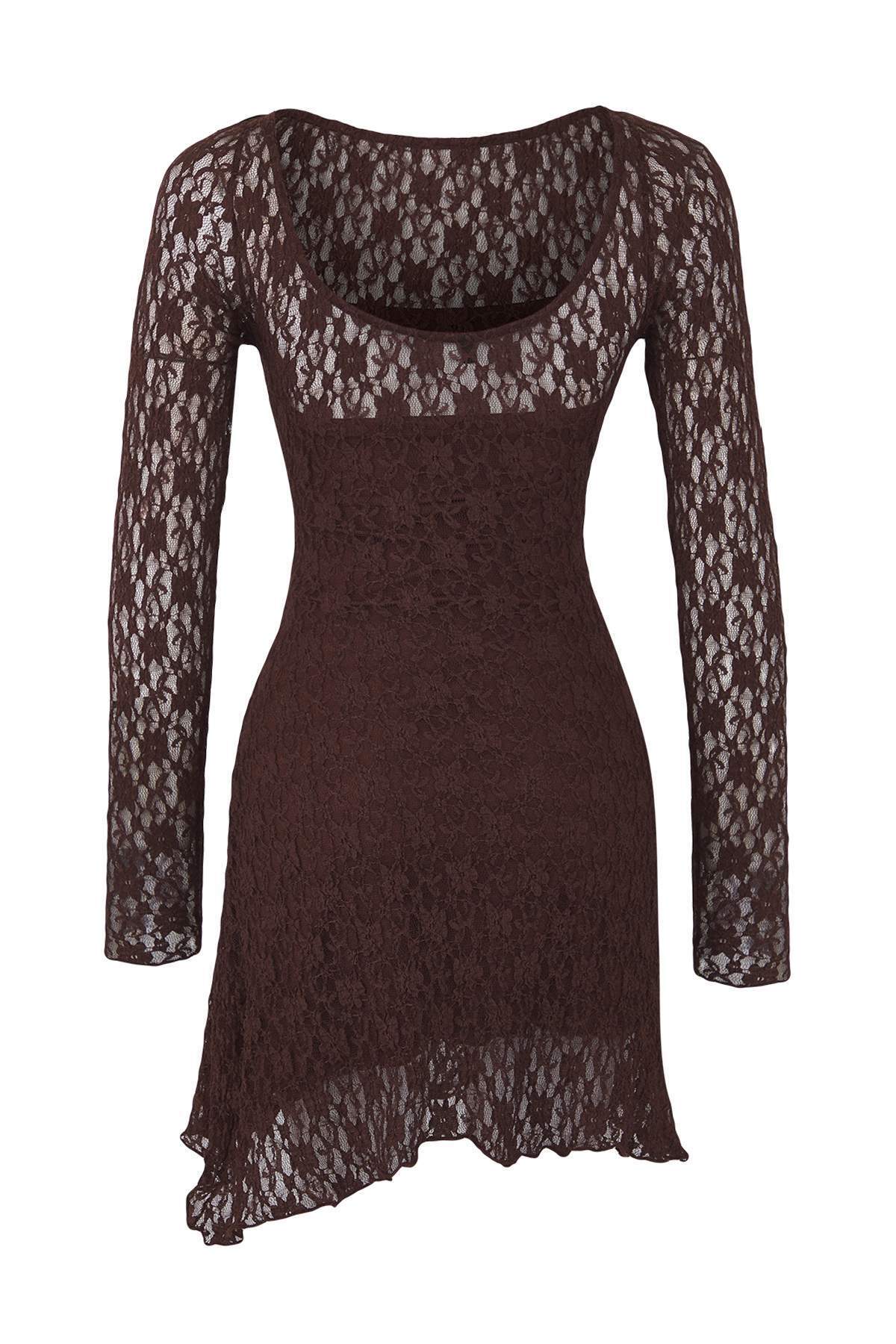 Trendyolmilla  Kahverengi Sırt Dekolteli Asimetrik Detaylı Mini/Kısa Dantel Esnek Örme Elbise TWOSS25EL00903 - Görsel 6