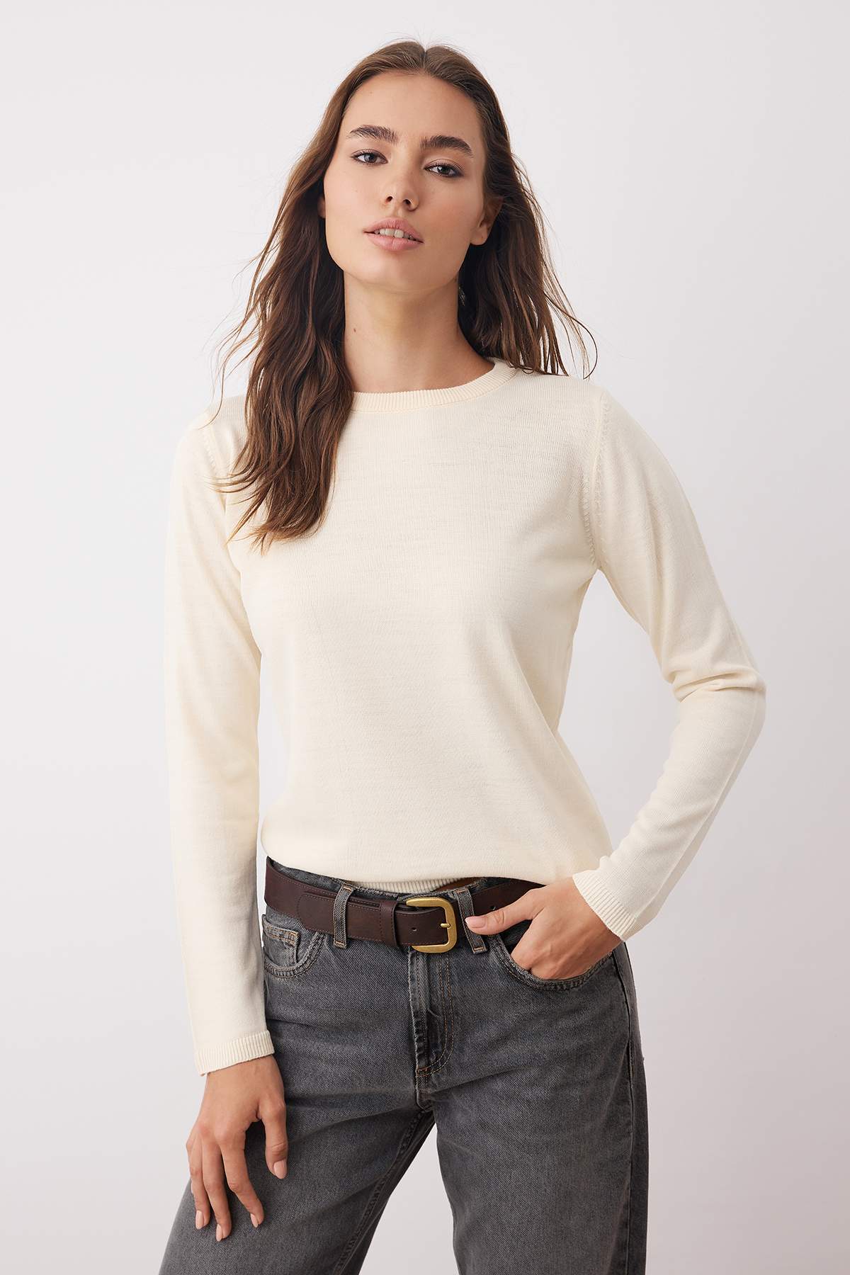 Trendyolmilla  Ekru-Siyah Bisiklet Yaka İkili Paket Triko Kazak TWOAW26KZ00189 - Görsel 2