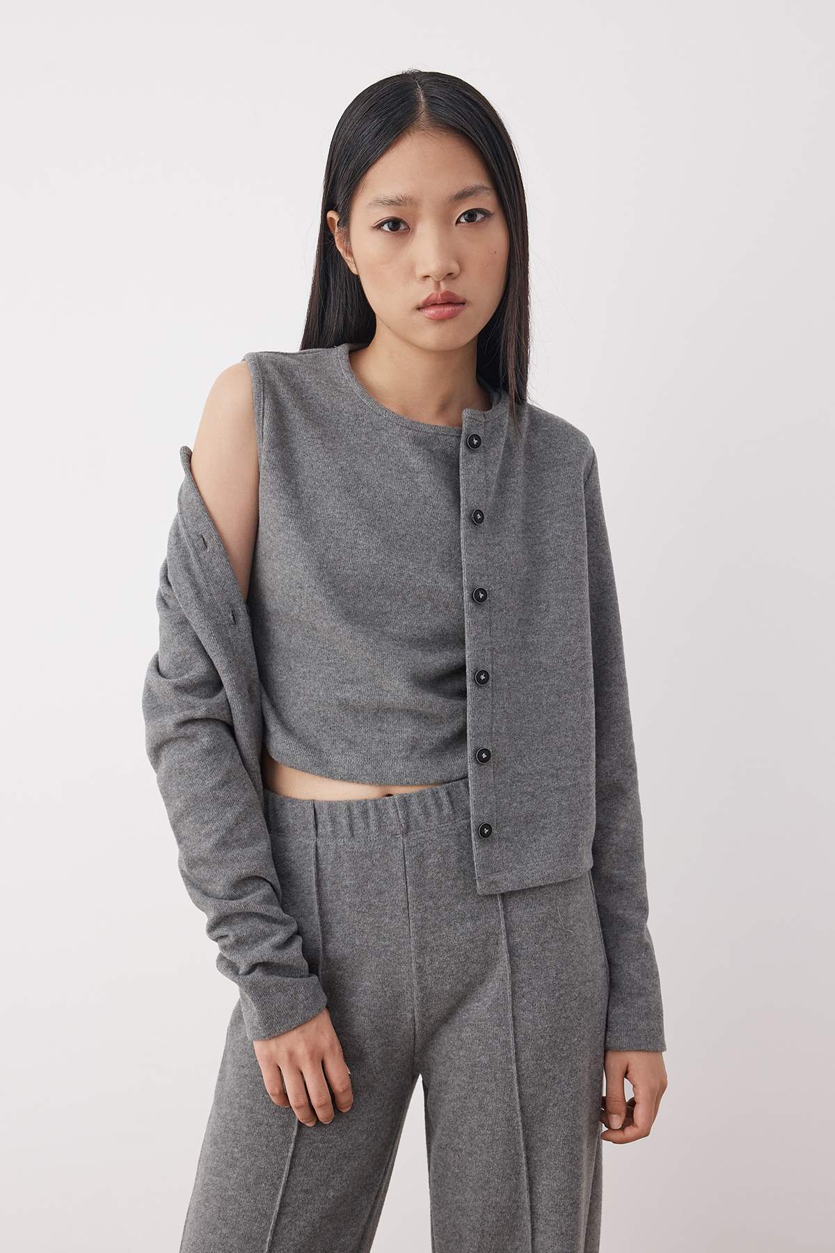 Trendyolmilla  Antrasit 3'Lü Selanik/Triko Görünümlü Düğmeli Esnek Örme Alt - Üst Takım TWOAW26AU00052 - Görsel 3