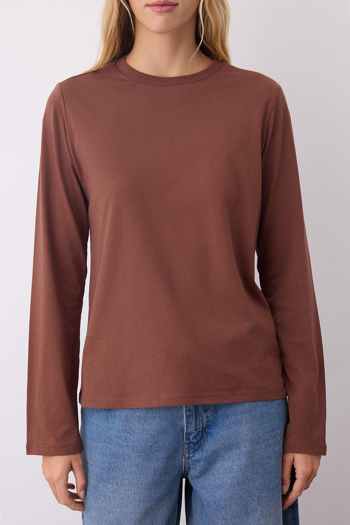 Trendyolmilla  Siyah-Ekru-Kahverengi 3'lü Paket %100 Pamuk Bisiklet Yaka Uzun Kol Oversize/Geniş Kesim Örme T-shirt - Görsel 6