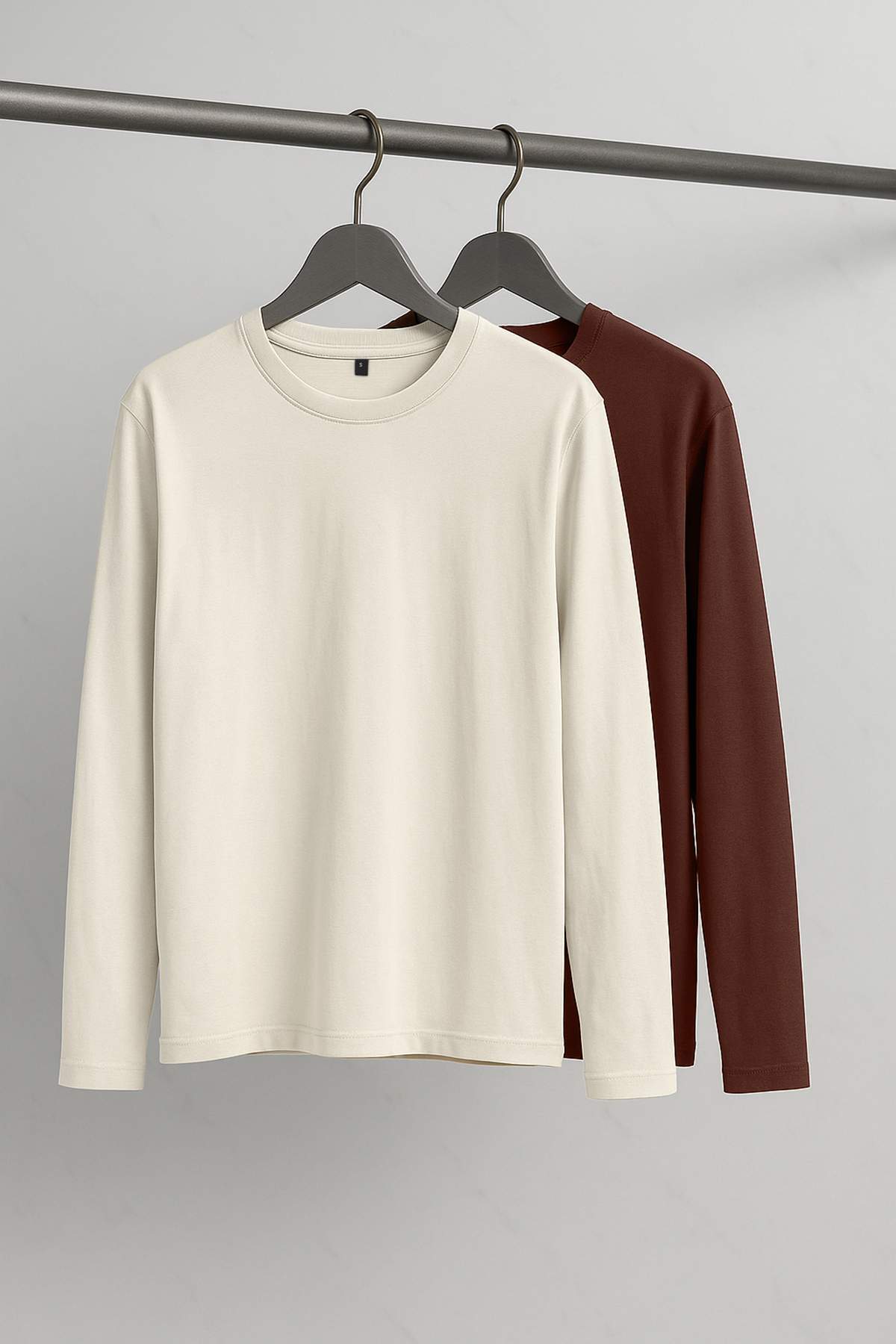 Trendyolmilla Man Kahverengi-Taş 2'li Paket %100 Pamuk Uzun Kol Regular/Normal Kesim T-Shirt TMNAW24TS00001