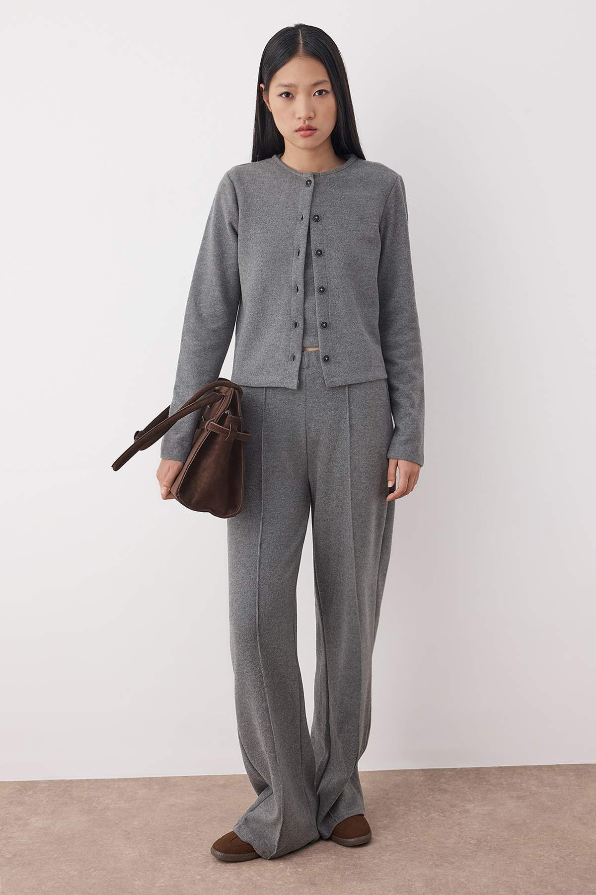 Trendyolmilla  Antrasit 3'Lü Selanik/Triko Görünümlü Düğmeli Esnek Örme Alt - Üst Takım TWOAW26AU00052 - Görsel 2